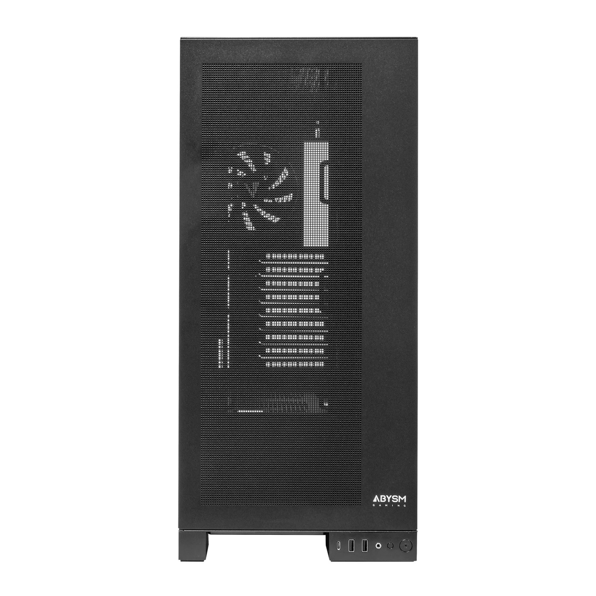 Una caja de computadora negra con un panel frontal de malla. Un logotipo en la parte inferior derecha. La caja tiene un botón de encendido y puertos USB.