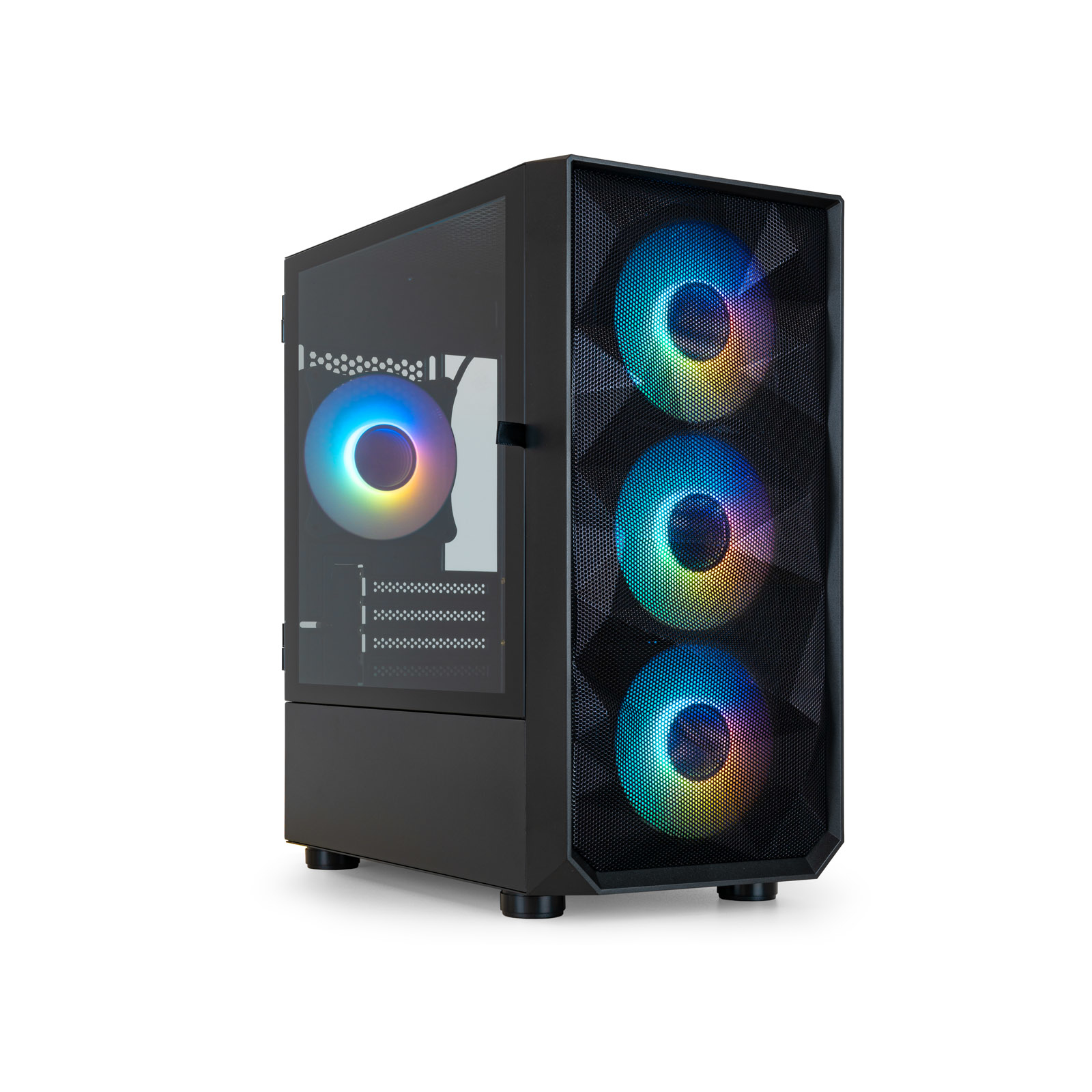 Zwarte computerkast met glazen zijpaneel. Drie ventilatoren aan de voorkant gloeien in regenboogkleuren. De kast staat op een wit oppervlak.