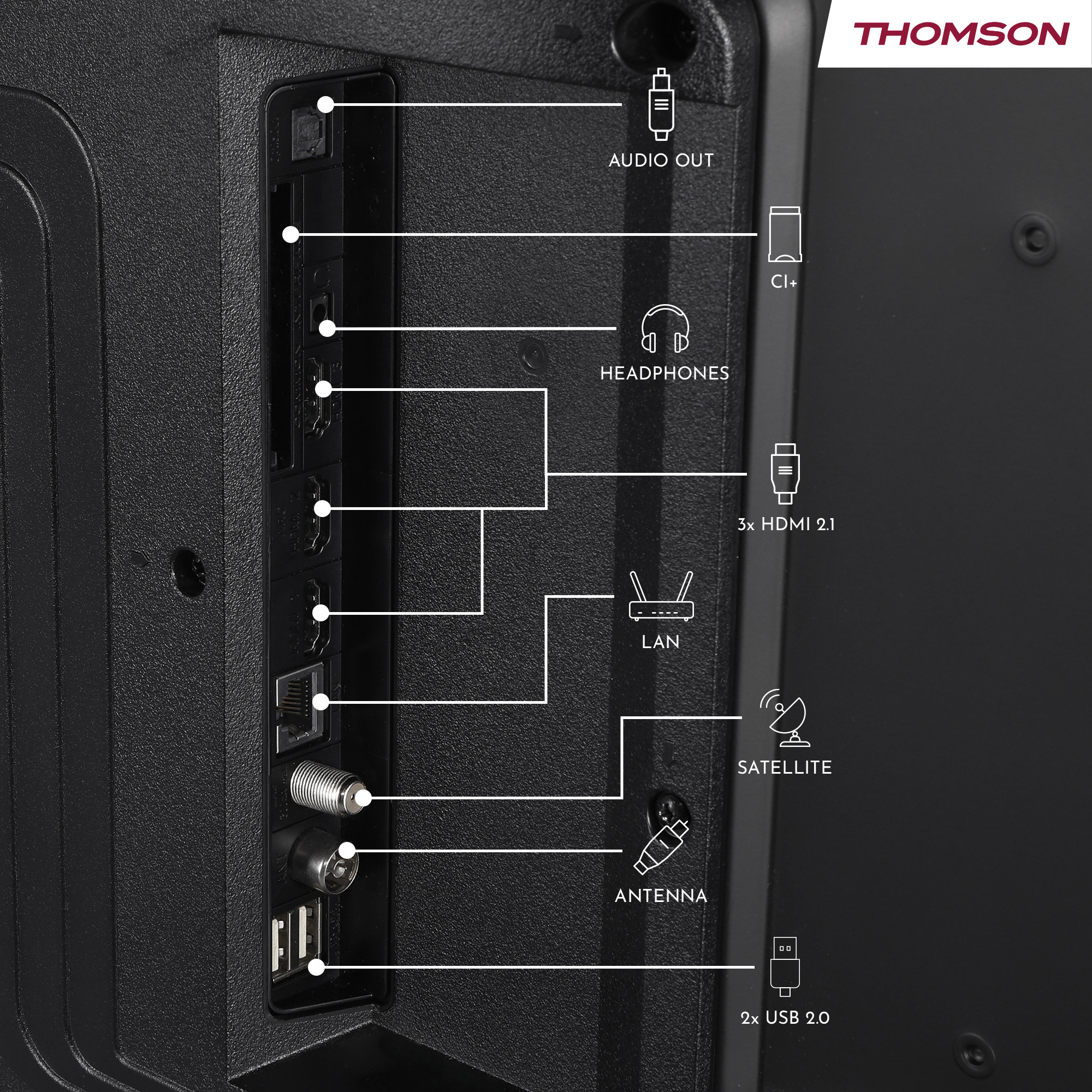 TV back panel with ports: audio out, headphones, HDMI, LAN, antenna, satellite, USB, and CI+. Thomson logo is at the top.