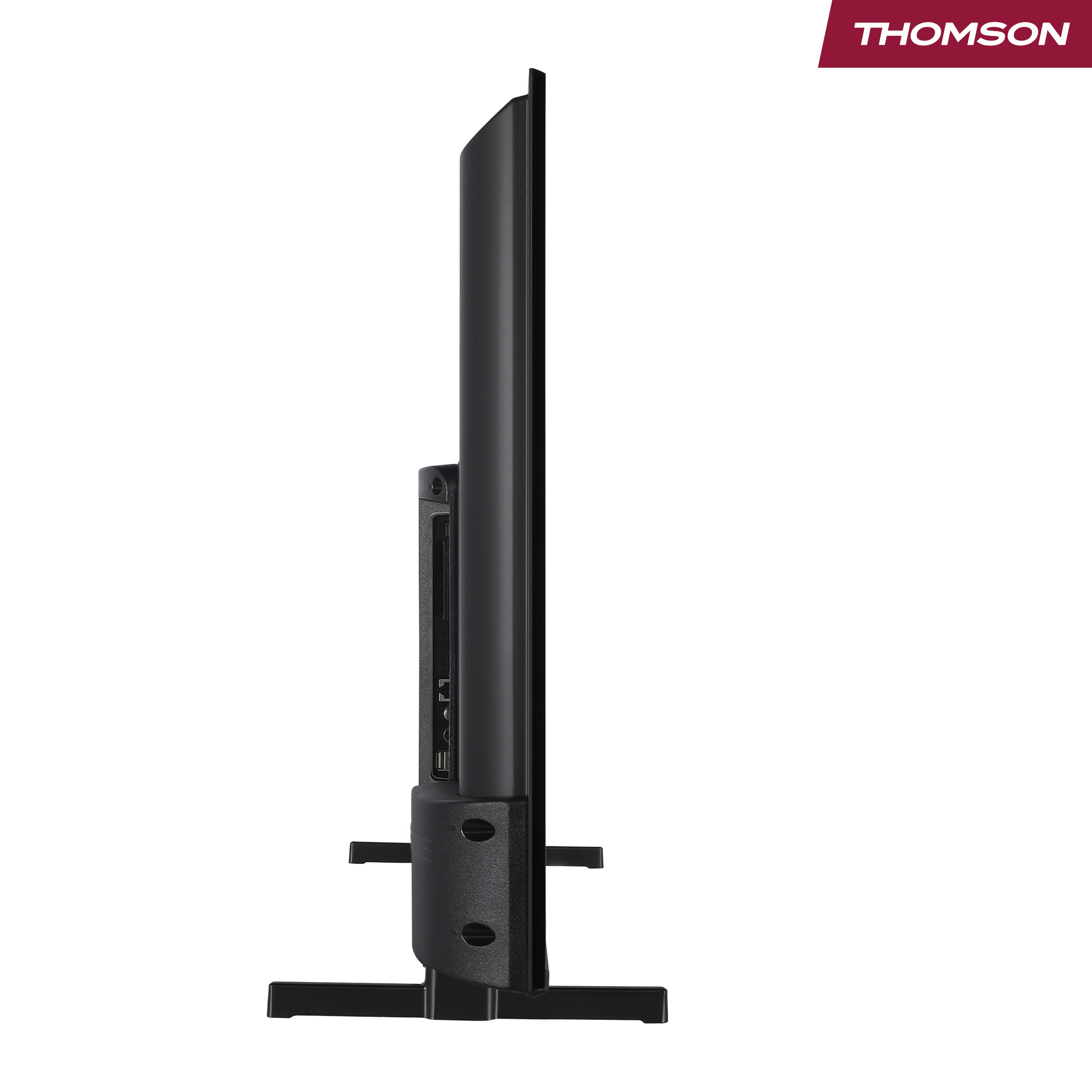 Black Thomson TV, side view, on a white background. Includes stand and ports. Thomson logo is in the upper right.