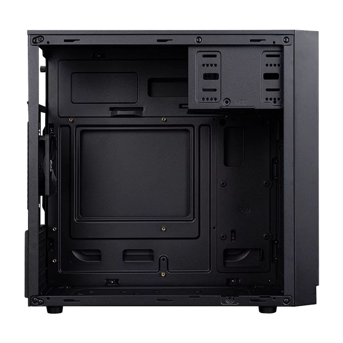 Interno vuoto di un case per computer nero. Mostra vari scomparti, punti di montaggio e una ventola. Il case è aperto e pronto per i componenti.