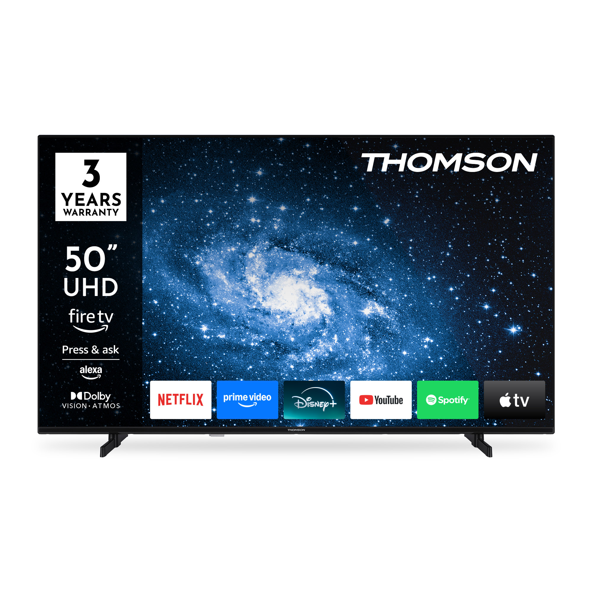 Thomson 50" UHD TV with a galaxy background. Features Netflix, Prime Video, Disney+, YouTube, Spotify, and Apple TV apps.