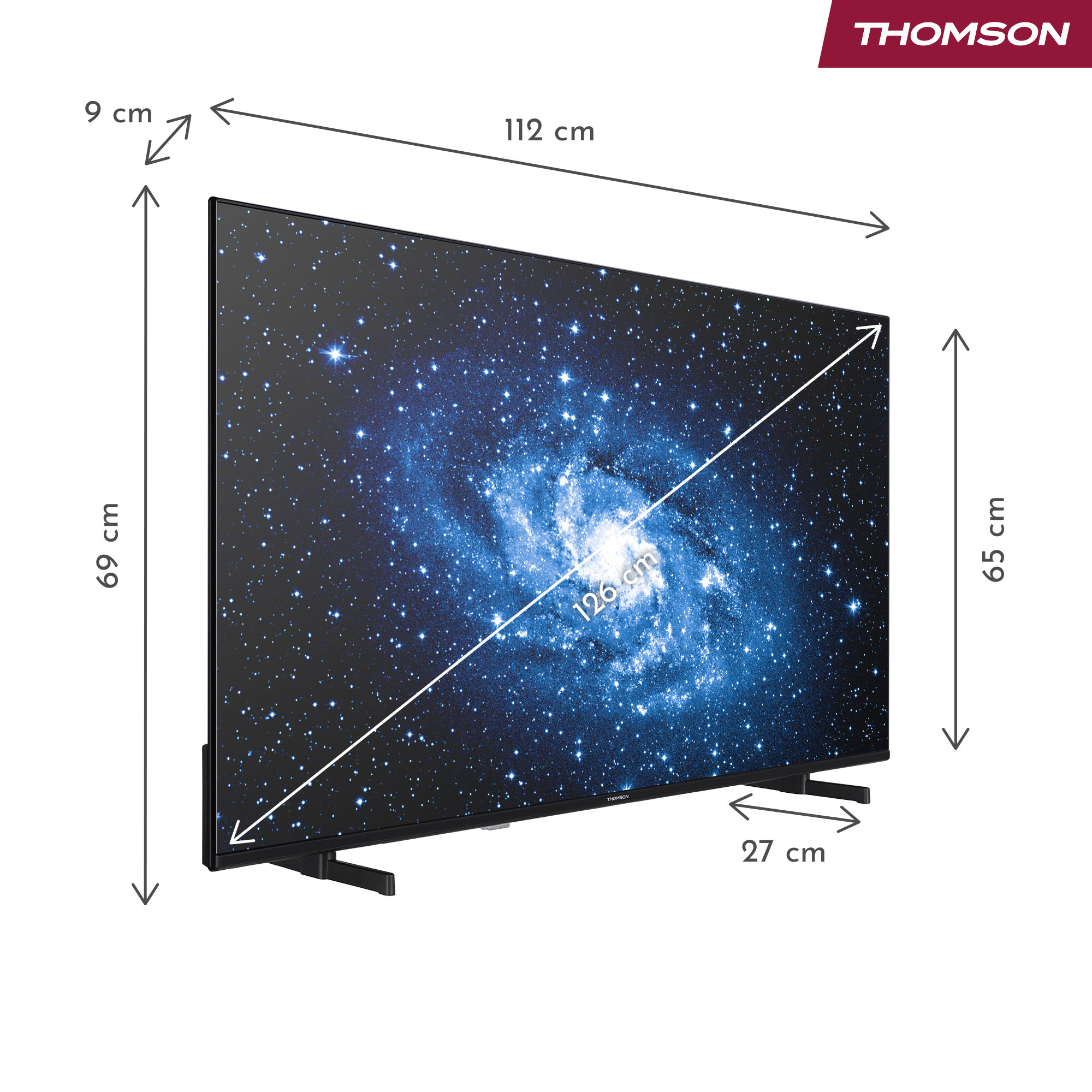 A Thomson TV with a space scene display. Dimensions are shown with arrows: 112cm width, 69cm height, and 65cm height.