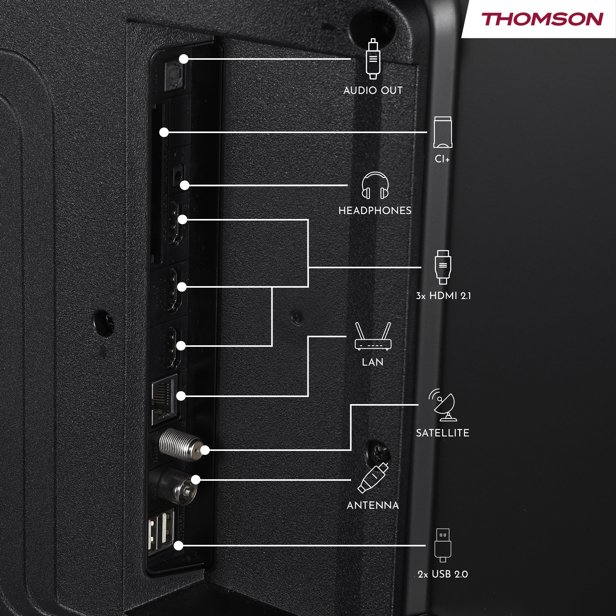 A black TV panel with various ports labeled Audio Out, Headphones, HDMI, LAN, Antenna, Satellite, and USB ports.