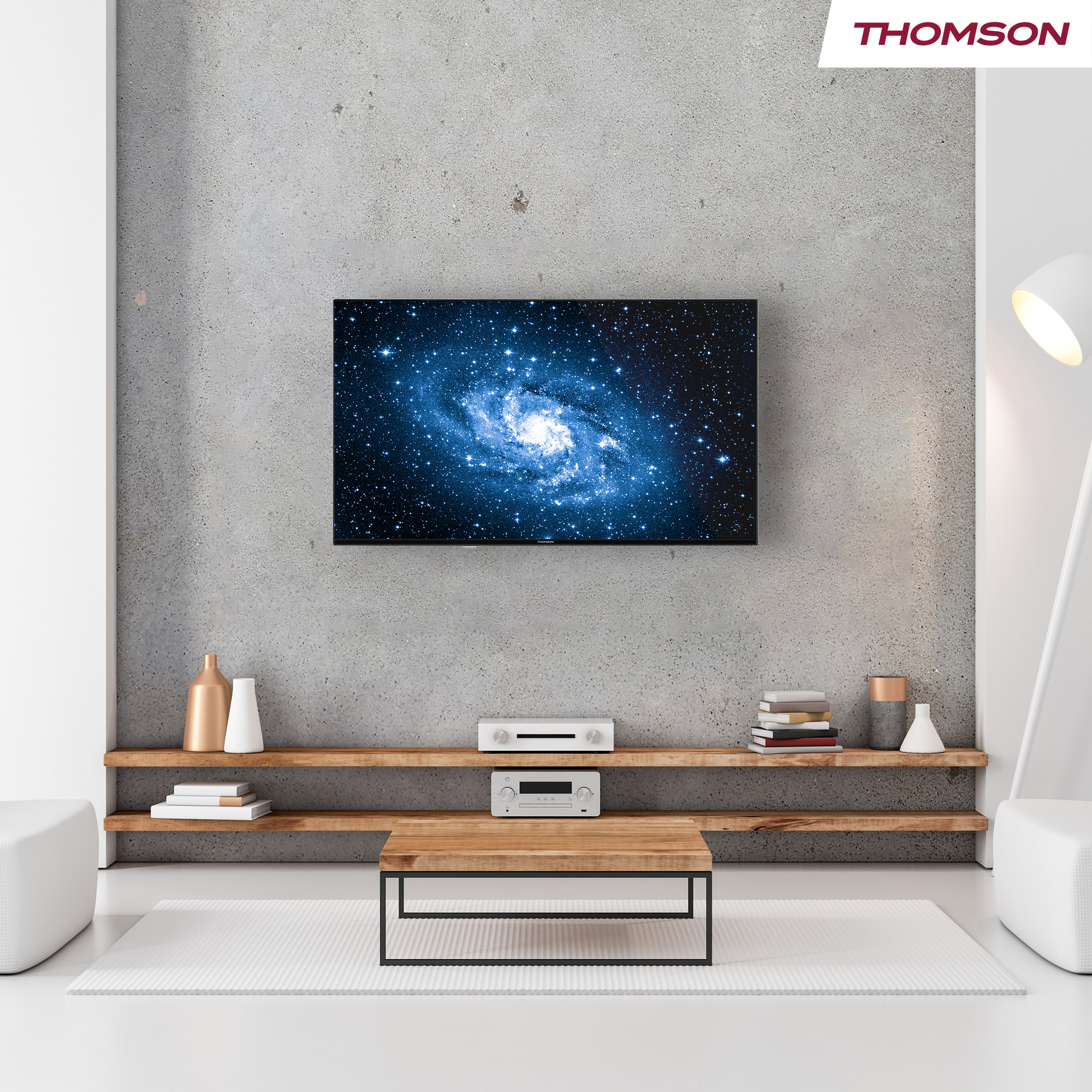 A modern living room with a TV displaying a galaxy. A wooden table and shelf are below. White floor, rug, and lamp.