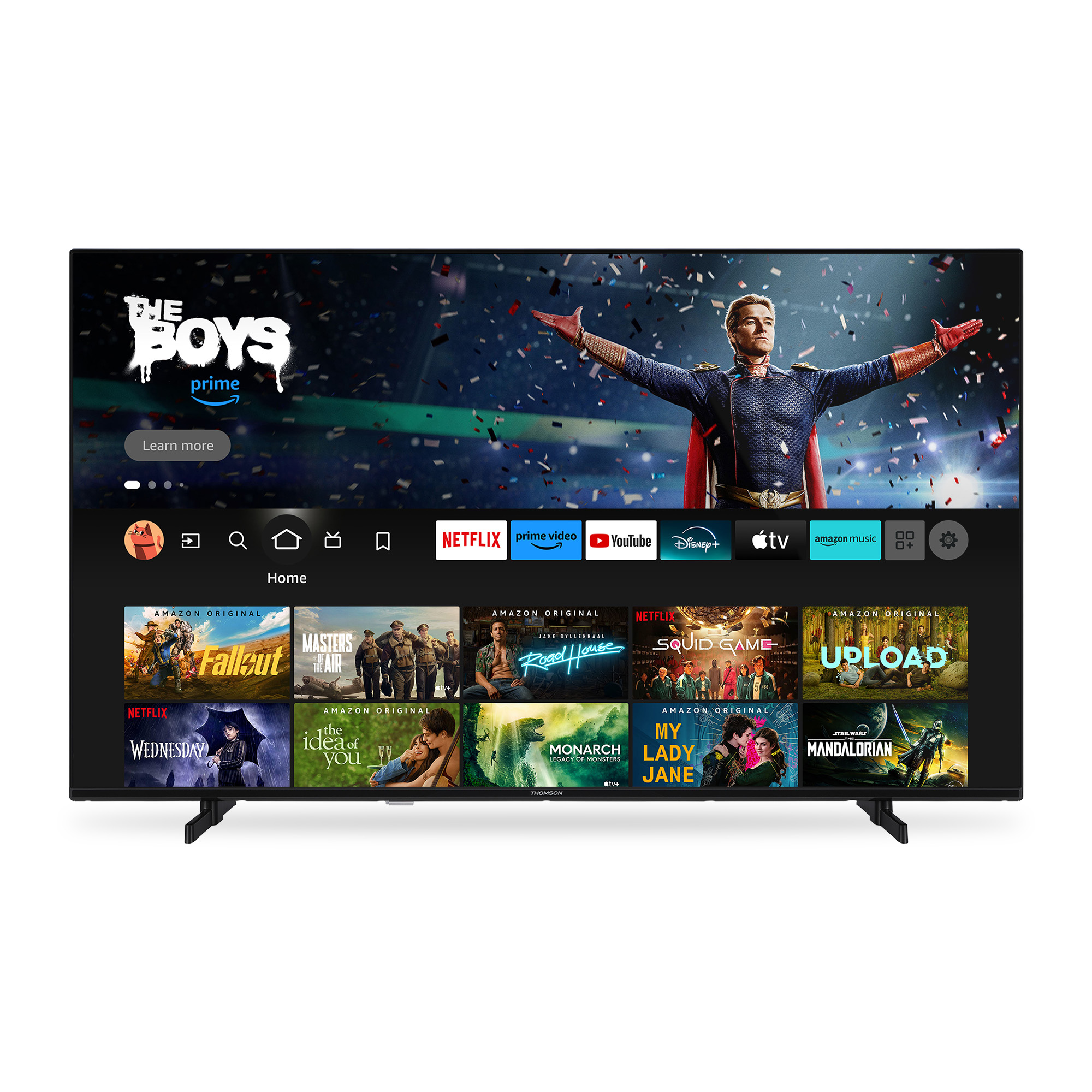 A TV screen displays the Amazon Prime home screen. The Boys show is featured, with show and movie tiles below.