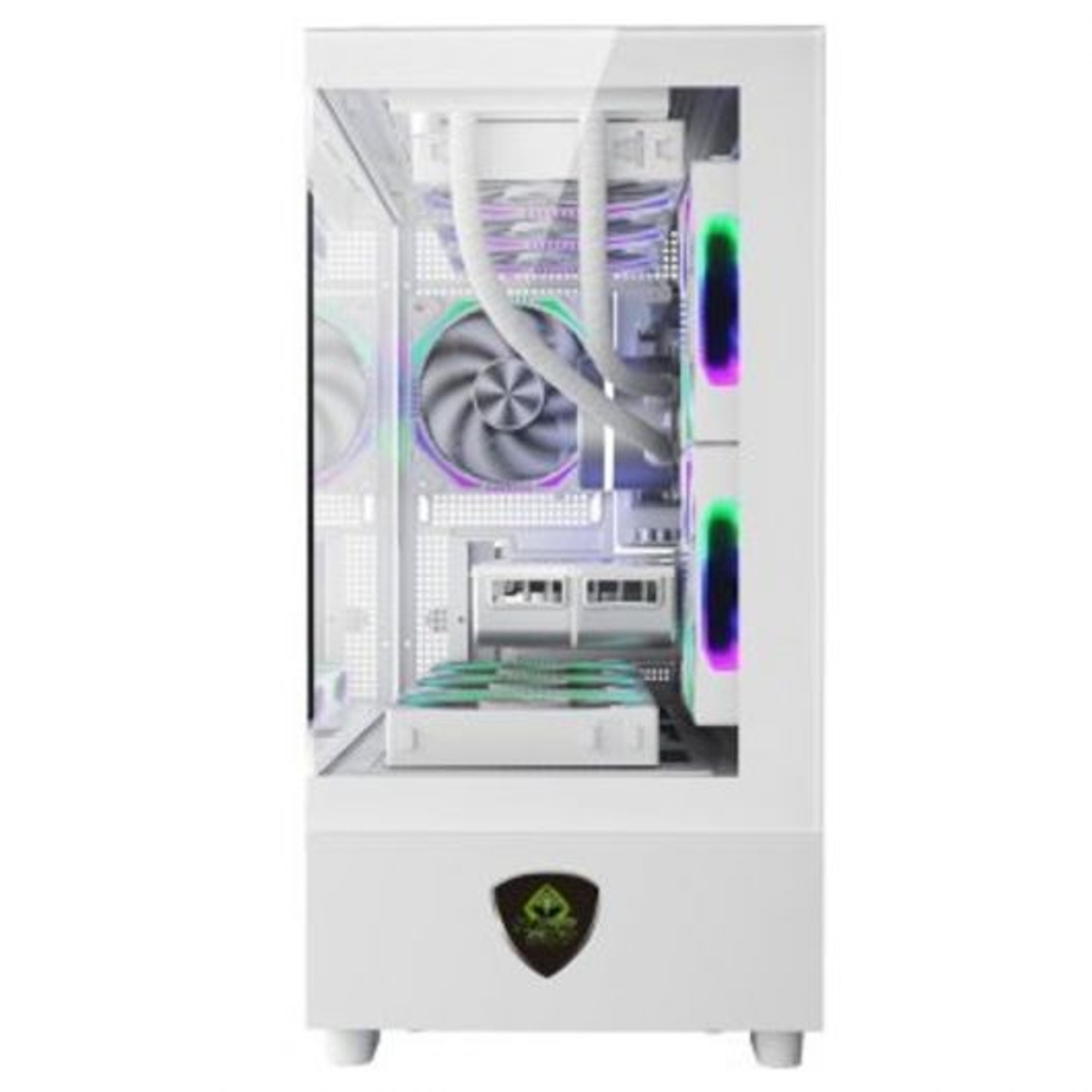 Un case per computer bianco con frontale in vetro. All'interno ventole con luci colorate, tubi e componenti. Un logo verde in basso.