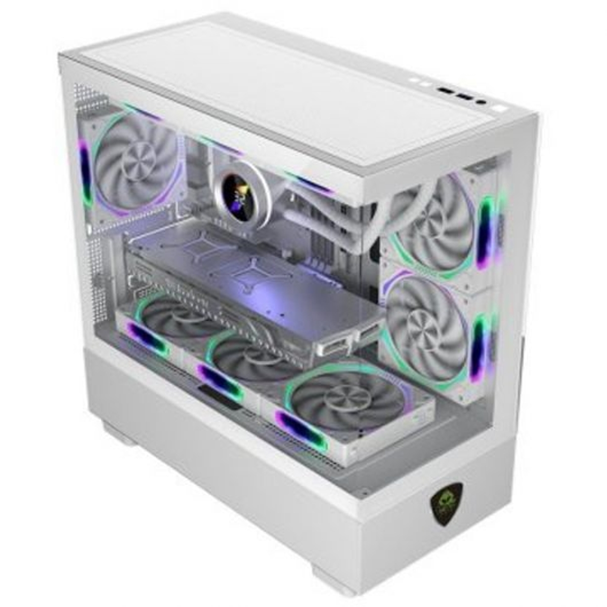 Case per computer bianco con componenti interni visibili. Presenta ventole con luci colorate, una scheda grafica e un dissipatore CPU.
