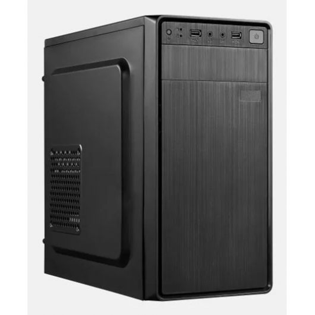 Widoczna jest czarna obudowa komputera. Ma panel przedni z portami zasilania i USB. Panel boczny ma otwór wentylacyjny. Tło jest gładkie.