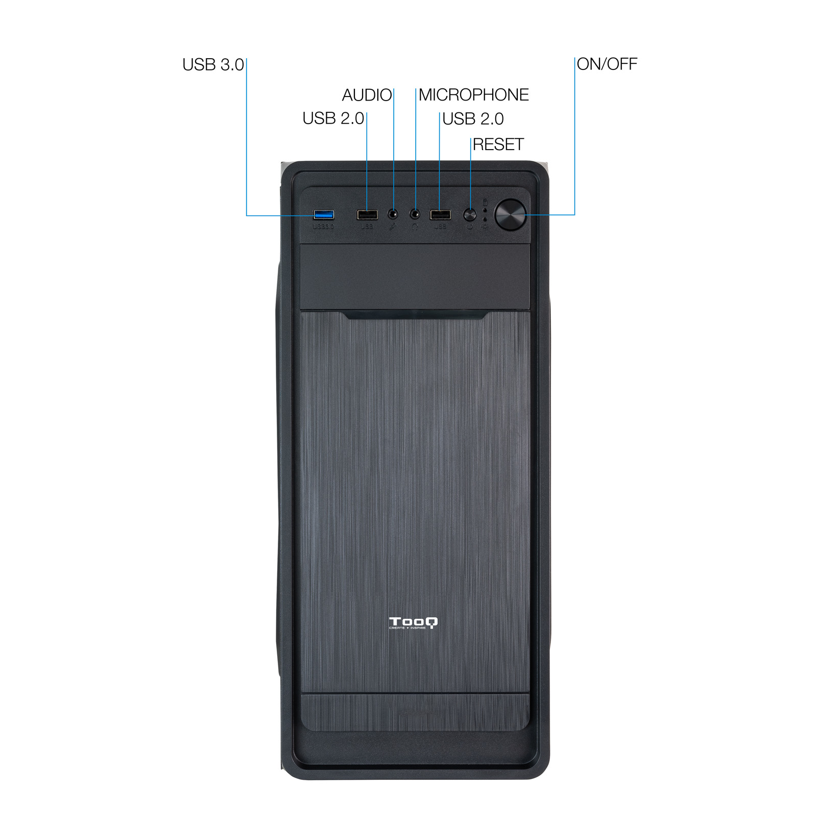Un case per computer nero con porte USB, audio, microfono, pulsante di ripristino e pulsante di accensione. Ha un pannello frontale strutturato.