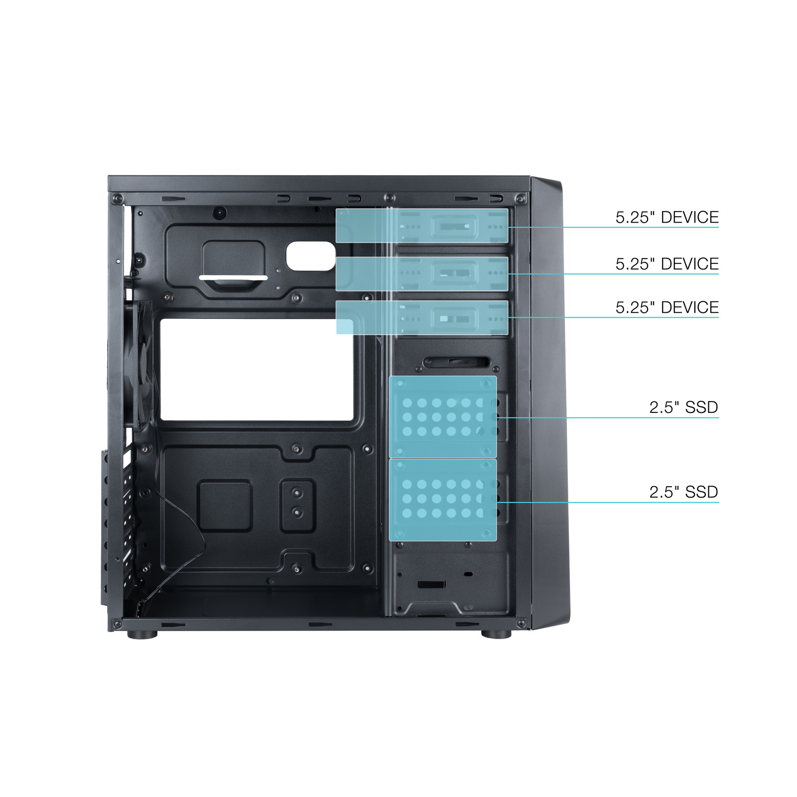 Interno di un case nero per computer. Mostra vani per dispositivi, inclusi slot SSD da 5,25" e 2,5", evidenziati in blu.
