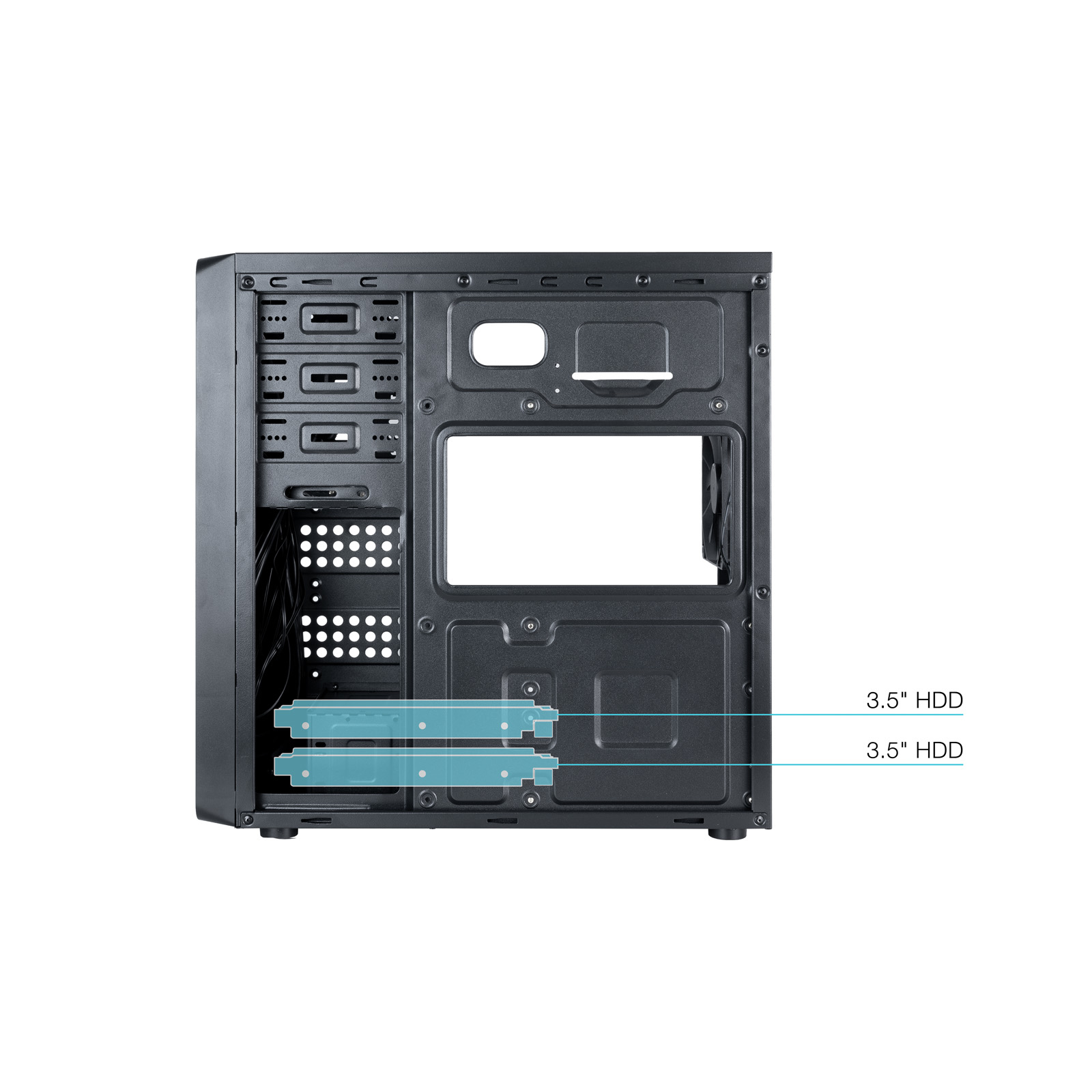 L'interno di un case per computer nero mostra slot per componenti e aree etichettate per HDD da 3,5".