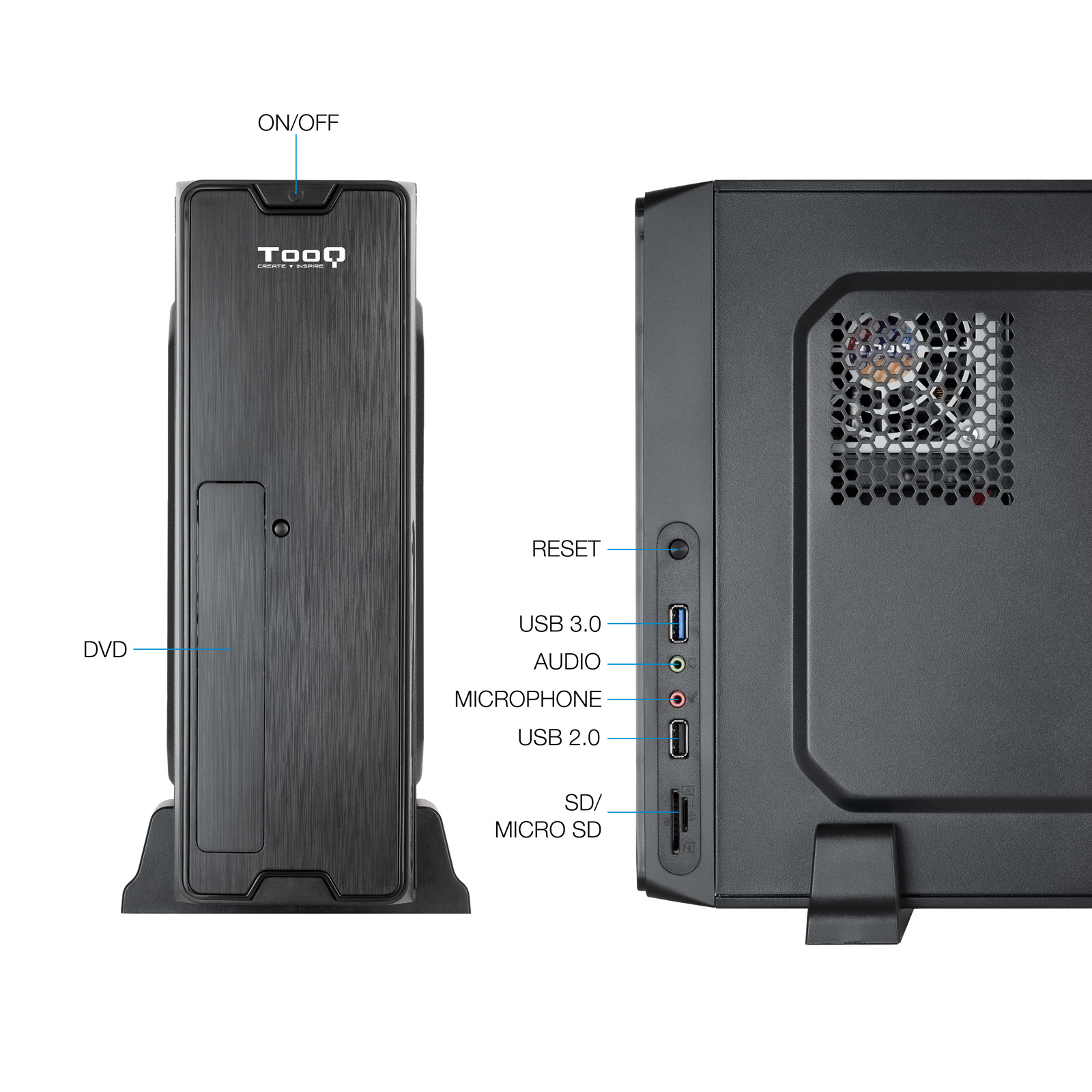 Un case di computer nero con etichette: ON/OFF, DVD, RESET, USB, AUDIO, MICROPHONE e SD/Micro SD. Ha una ventola e prese d'aria.