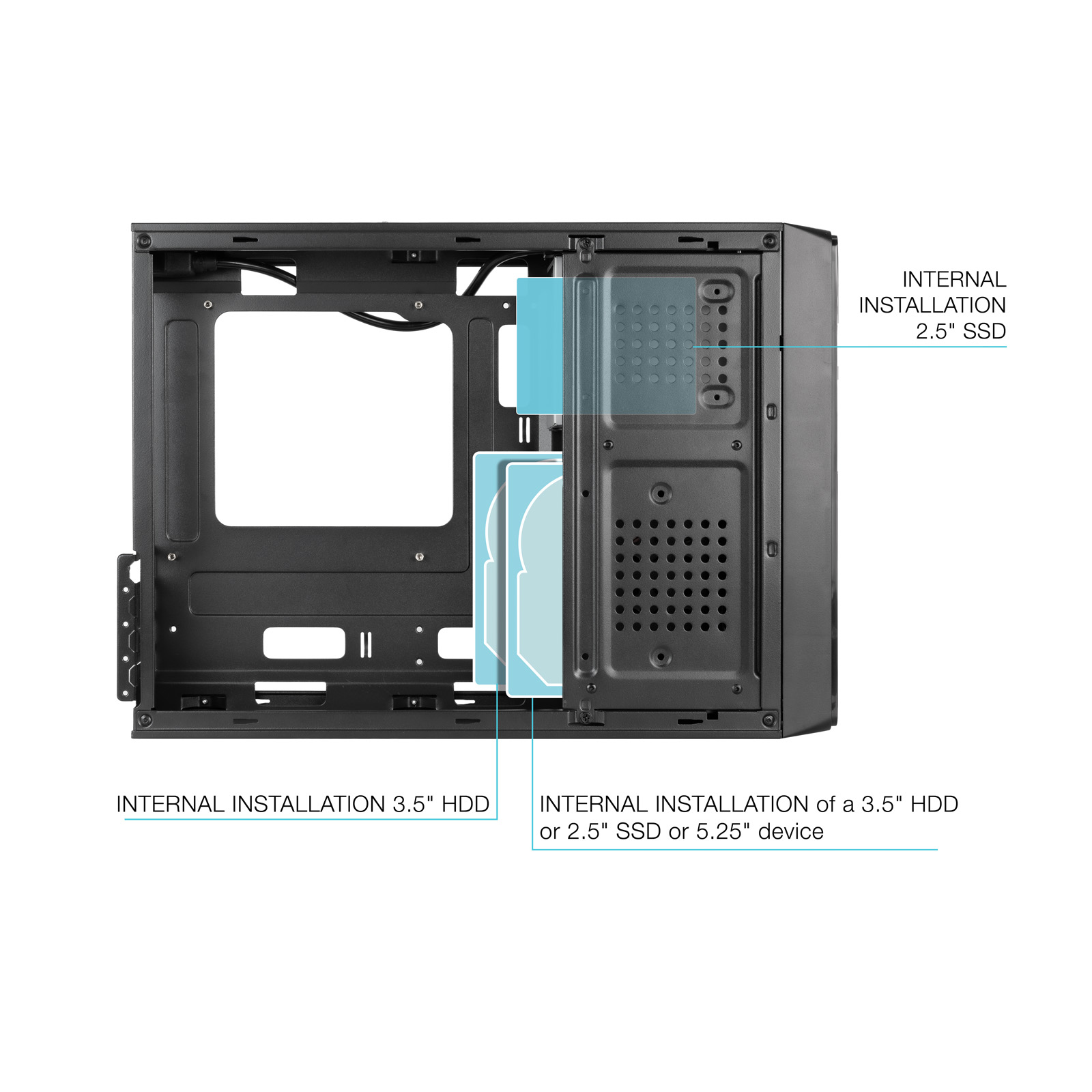 Case per computer nero con etichette di installazione interna per HDD e SSD. Mostra il posizionamento dei componenti interni.