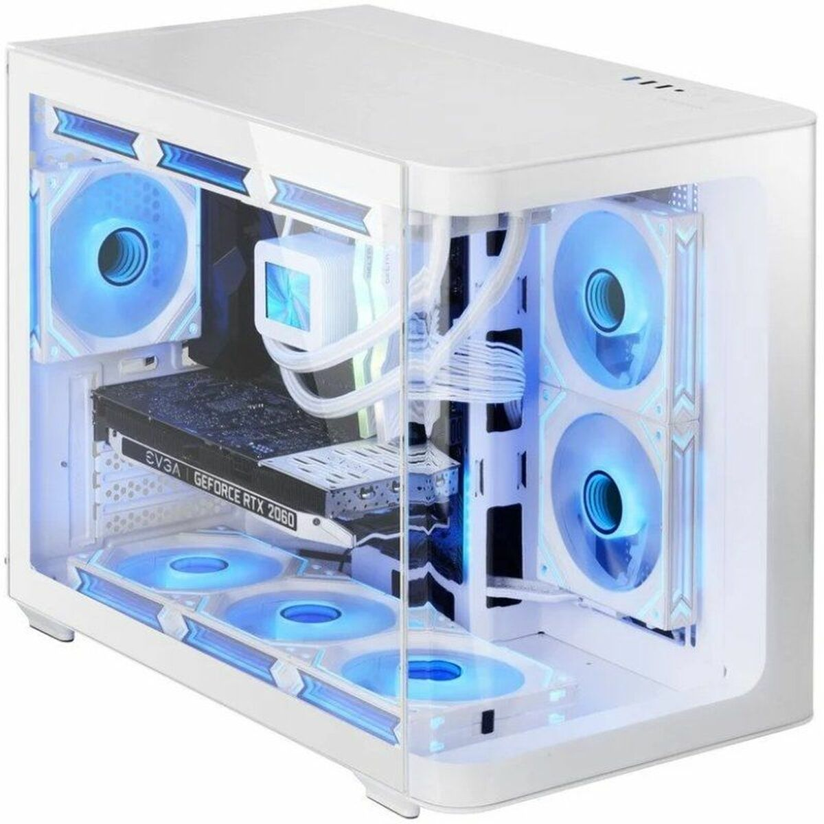 Un case per computer bianco con ventole e componenti blu luminosi. Il case ha un pannello laterale trasparente che rivela l'hardware interno.