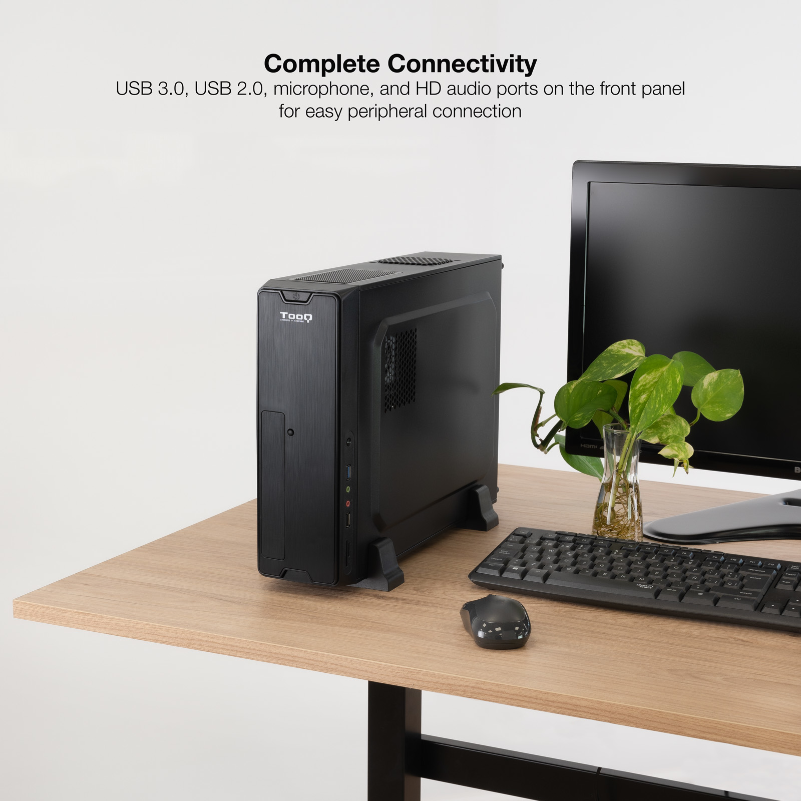 Un case per computer nero su una scrivania di legno, con monitor, tastiera, mouse e una pianta sullo sfondo.