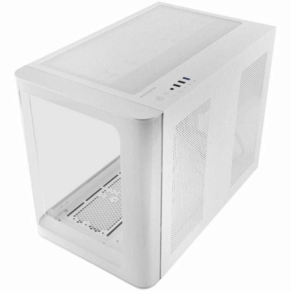 Un case per computer bianco con un pannello laterale trasparente. Ha una parte superiore e pannelli laterali in rete con fori di ventilazione.