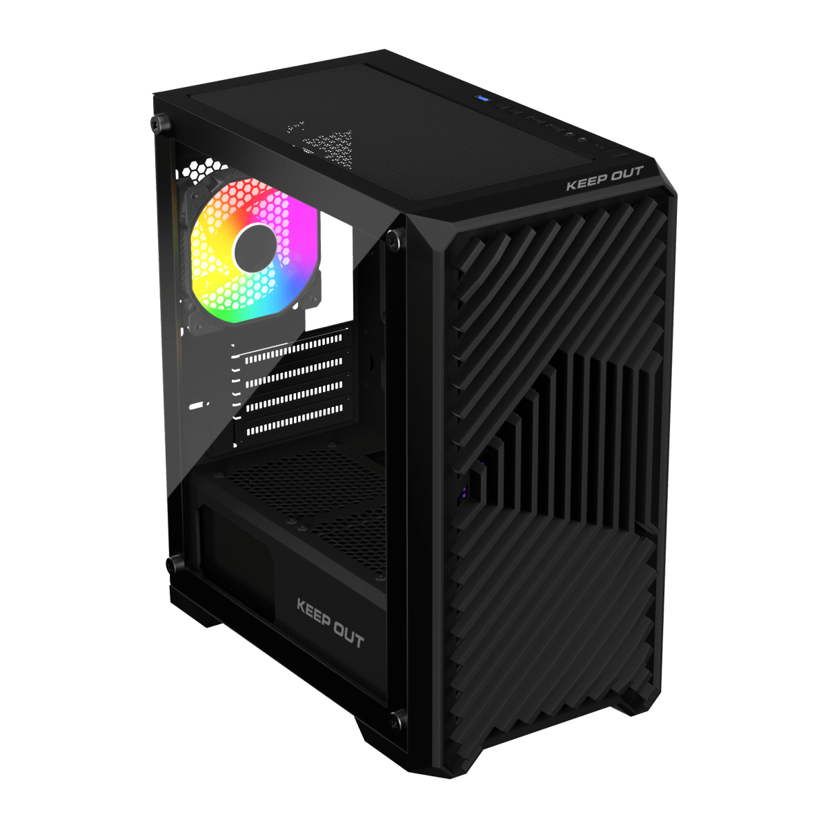 Una caja de ordenador negra con un panel lateral transparente. Se ve un ventilador colorido. La caja tiene la leyenda "KEEP OUT".