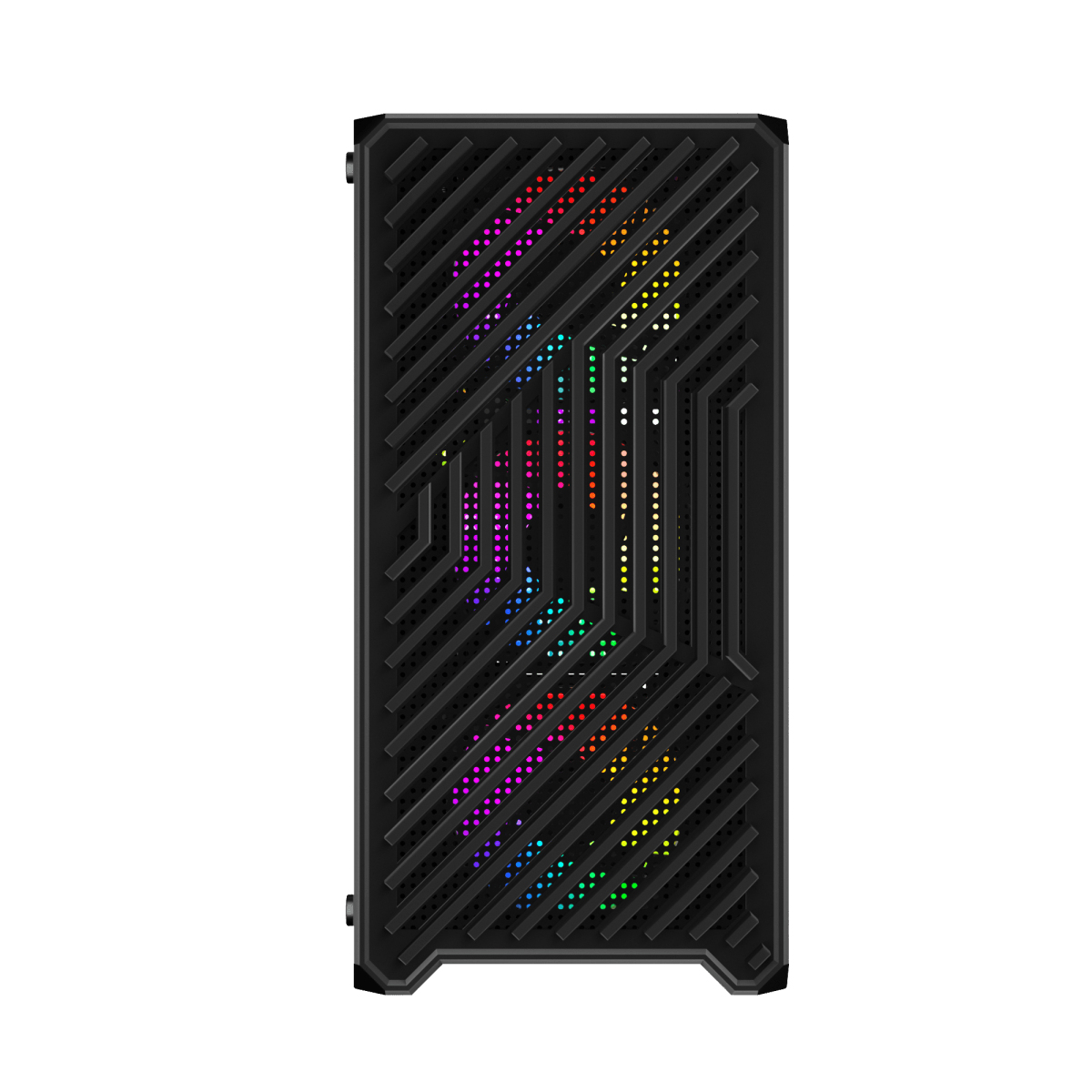 Una parte frontal de caja de ordenador negra con rejillas diagonales y luces LED de colores. Las luces muestran varios colores, incluyendo rojo, verde y azul.