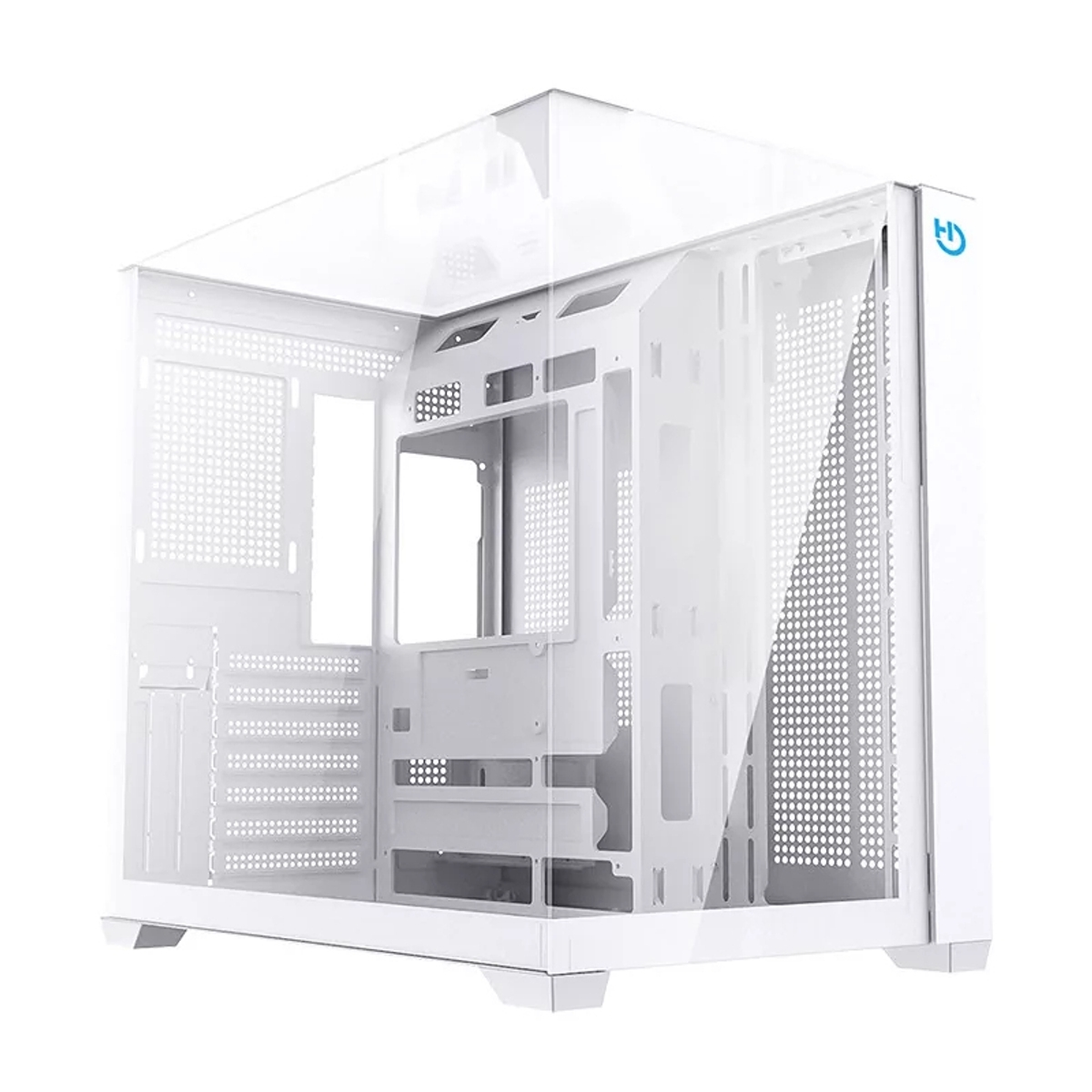 Un case per computer bianco con un pannello laterale in vetro trasparente. Il case è vuoto, mostrando i componenti interni e un logo blu.