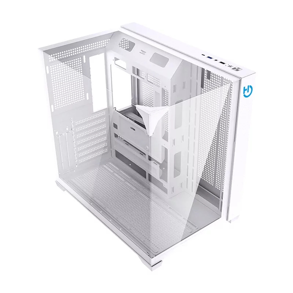 Un case per computer bianco con un pannello laterale trasparente. Ha scomparti multipli e un logo blu.