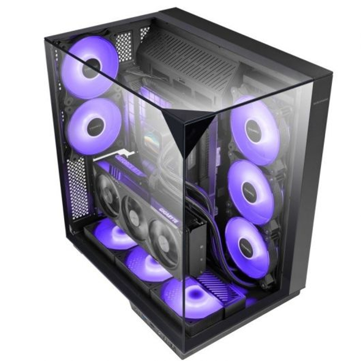 Un case per computer con ventole a LED viola. All'interno, una scheda grafica visibile. Il case è nero con un pannello laterale in vetro.