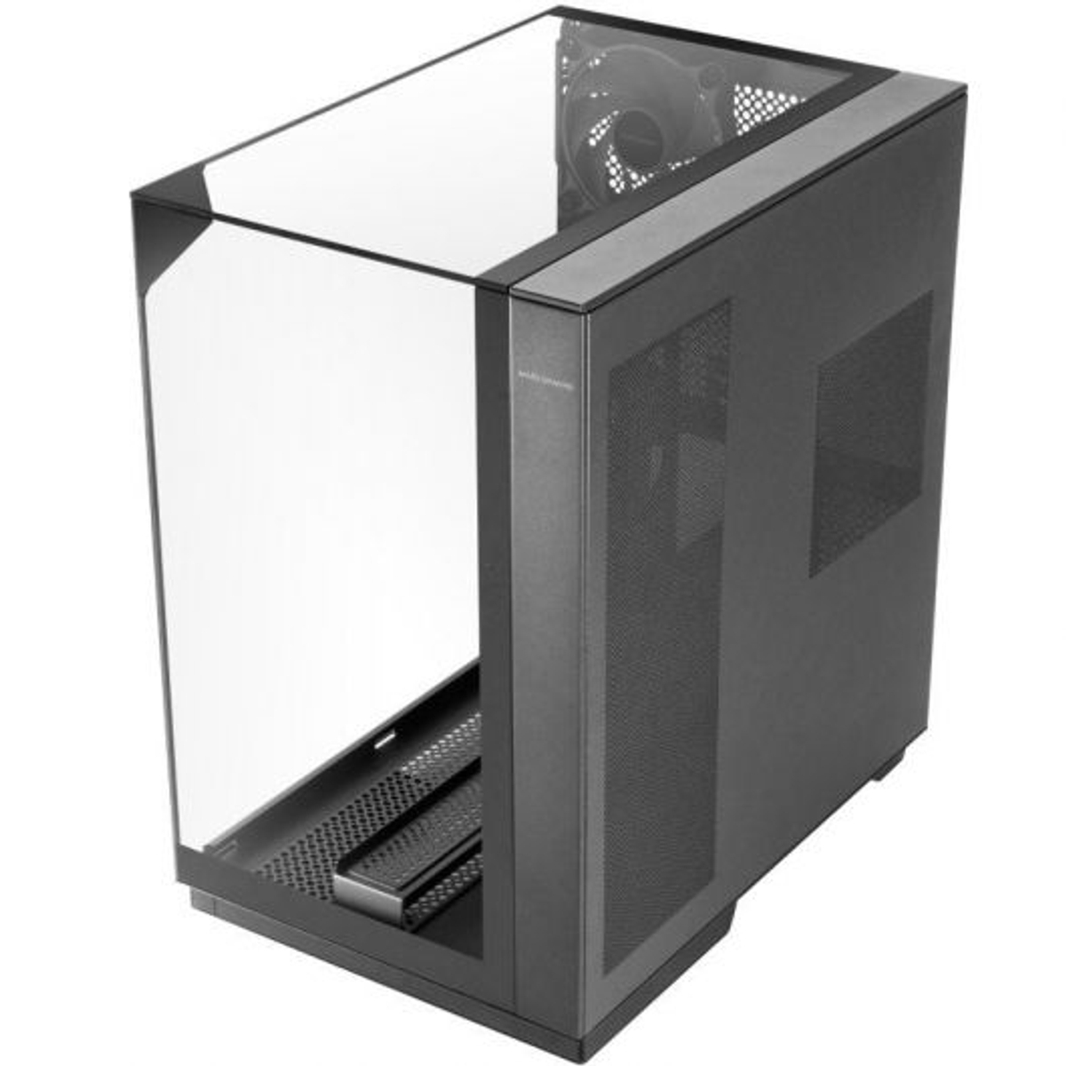 Un case per computer nero con un pannello laterale in vetro. Ha un frontale e una parte superiore in rete, con una ventola visibile all'interno. Il case è nuovo.