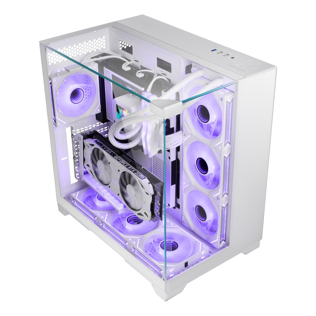 Case PC bianco con pannello in vetro, ventole LED viola e scheda grafica. Componenti interni visibili. Design pulito e moderno.