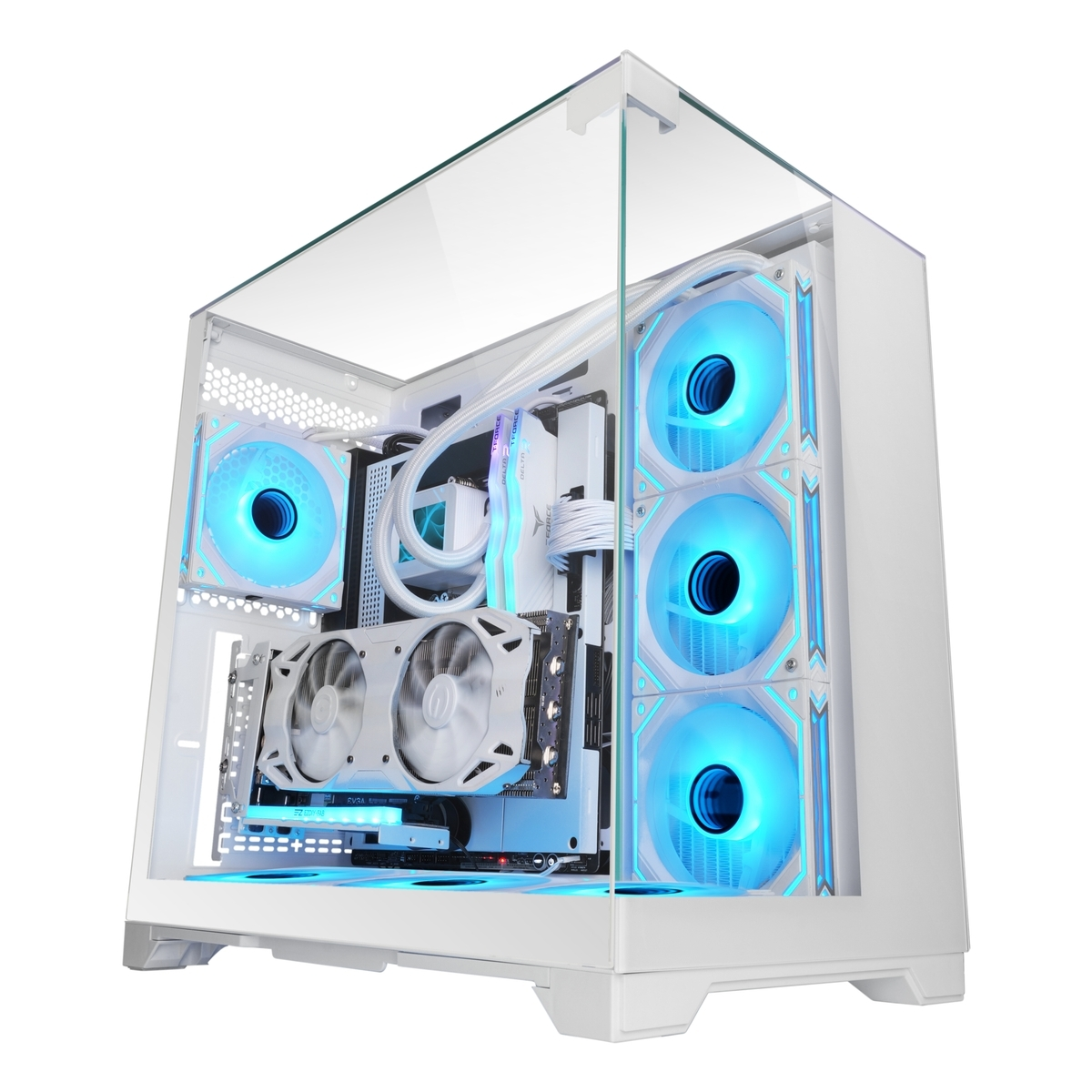 Un case per PC bianco con lato trasparente. All'interno, molte ventole con LED blu, una scheda grafica e altri componenti sono visibili.
