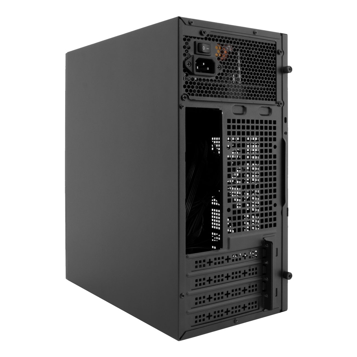 Un case per computer nero è mostrato, con retro e lato aperti. Ha un'area di alimentazione e diverse fessure per componenti.