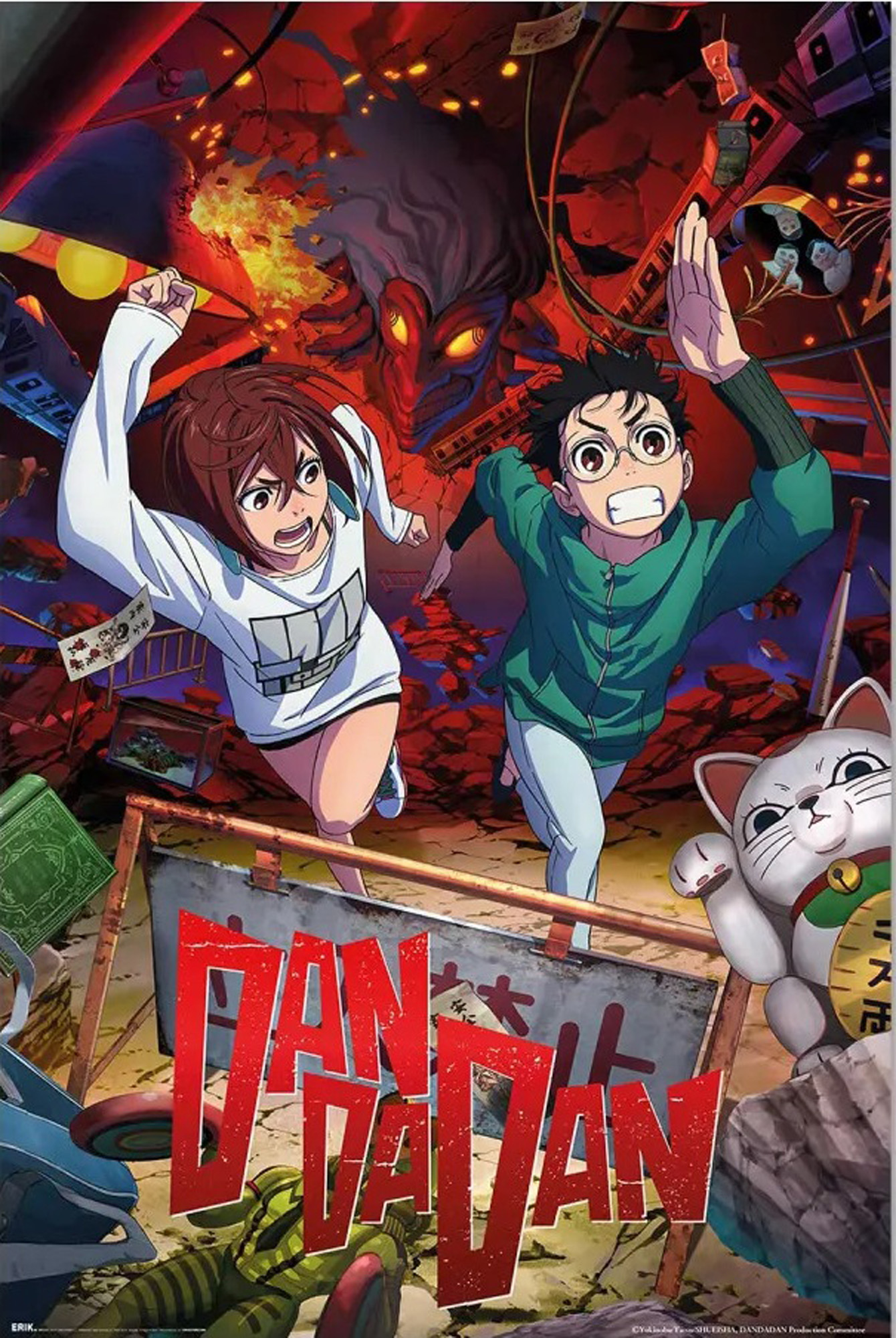 Anime-Poster mit zwei rennenden Personen, einer Katzenstatue und einem roten Dämon im Hintergrund. Titel: DANDADAN.