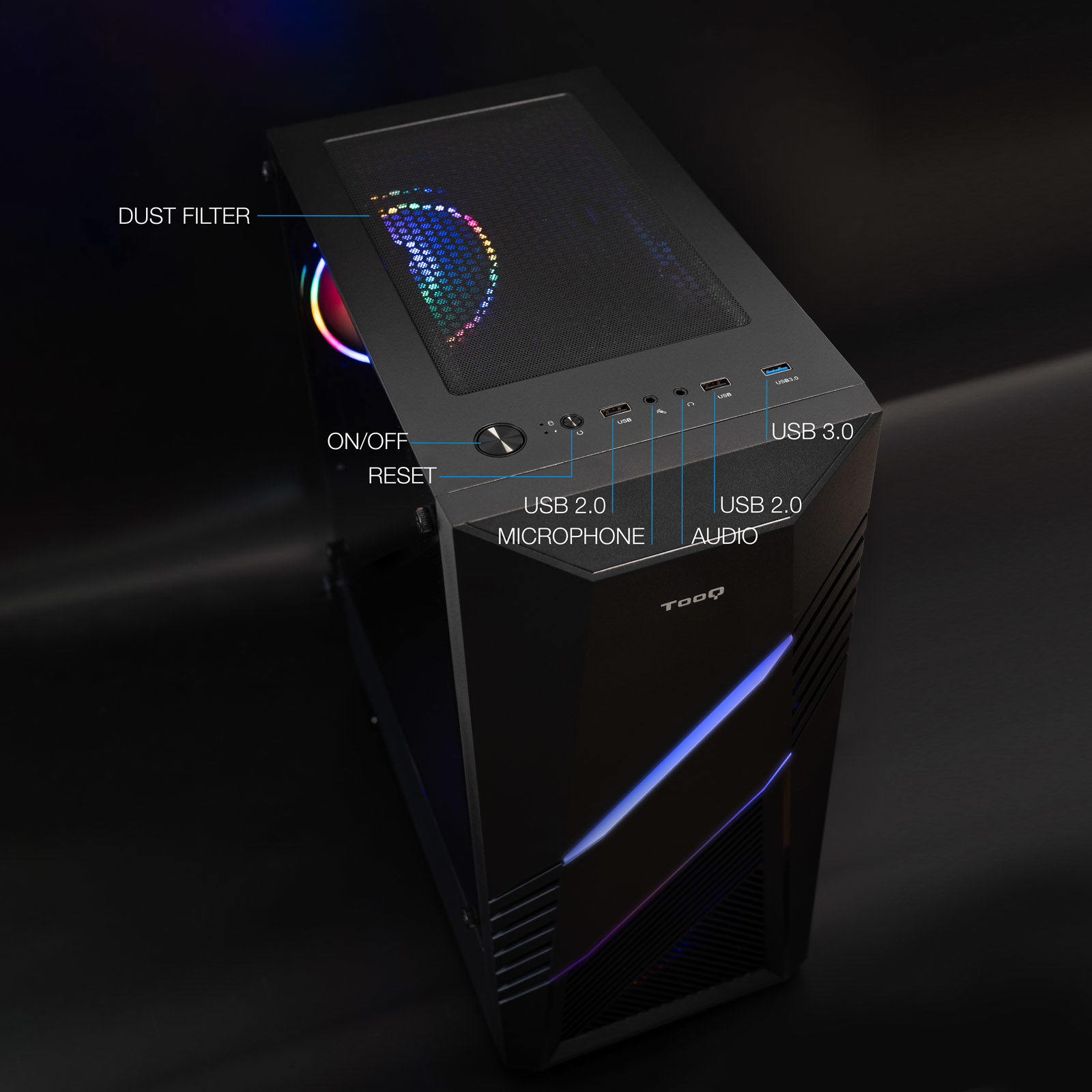 Czarna obudowa komputera z filtrem przeciwpyłowym, portami USB i przyciskami zasilania. Widoczne kolorowe światła.