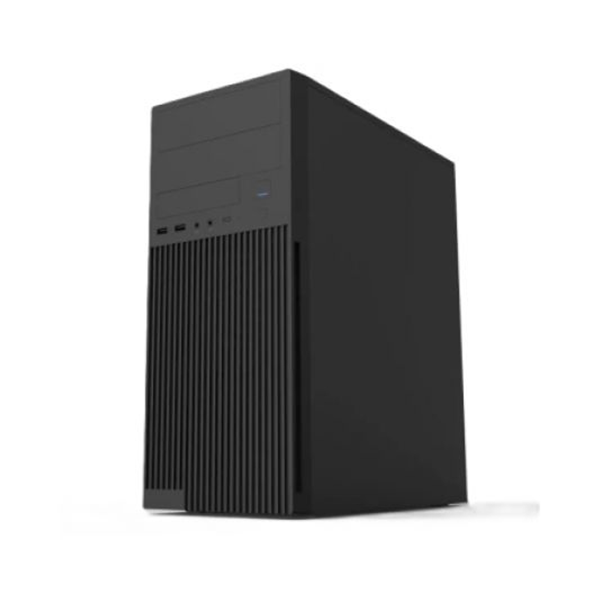 Una torre di computer nera su una superficie bianca. Il davanti ha linee verticali e piccoli pulsanti. Il lato è liscio.