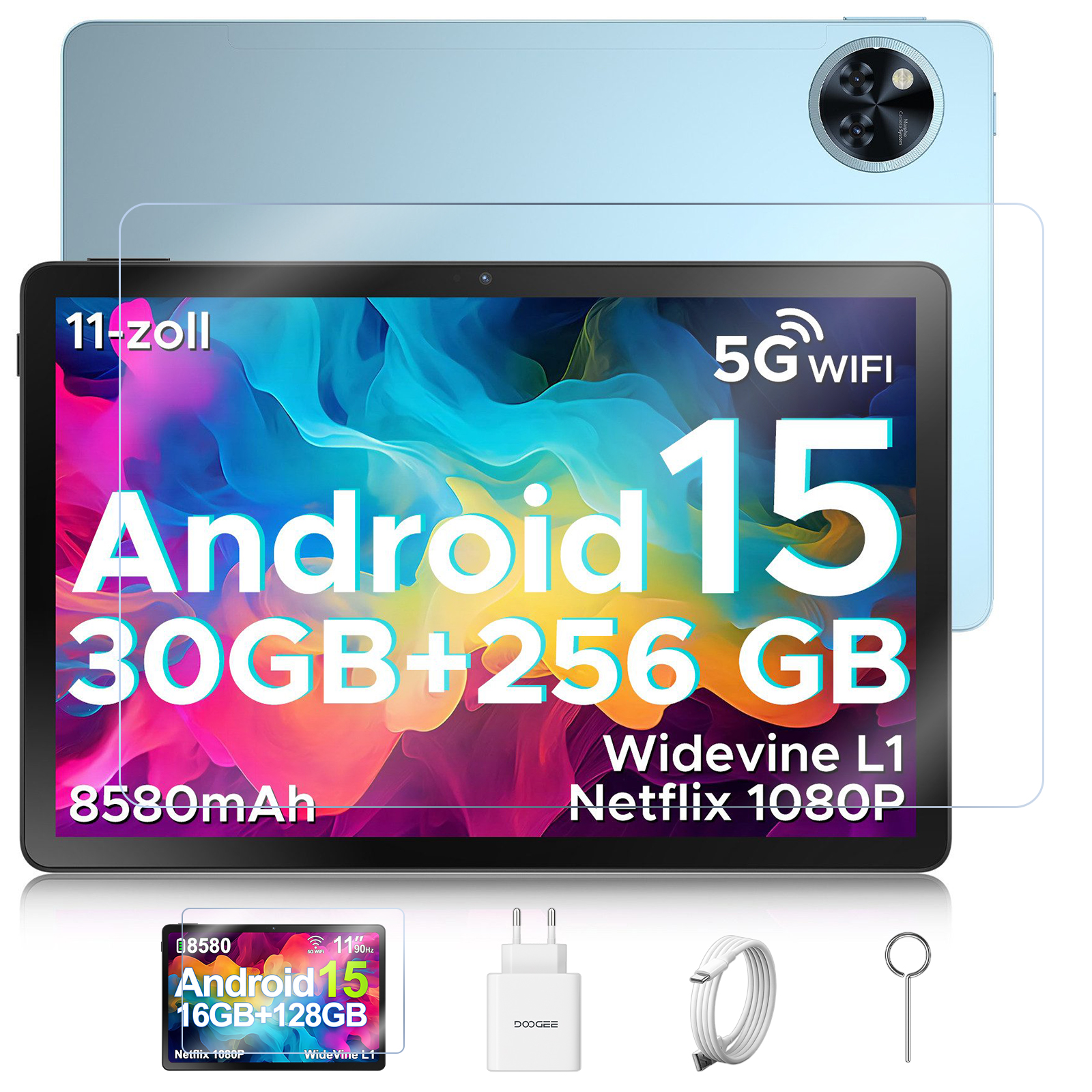 Ein Tablet mit Schutzfolie, das 'Android 15', '30GB+256GB' und '8580mAh' anzeigt. Zubehör umfasst ein Ladegerät und ein Kabel.
