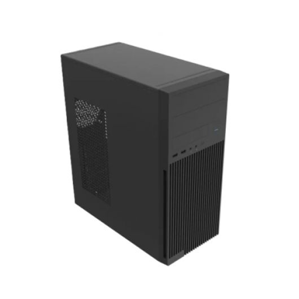Un case per computer nero su sfondo bianco. La parte anteriore ha linee verticali e il lato una griglia a rete.