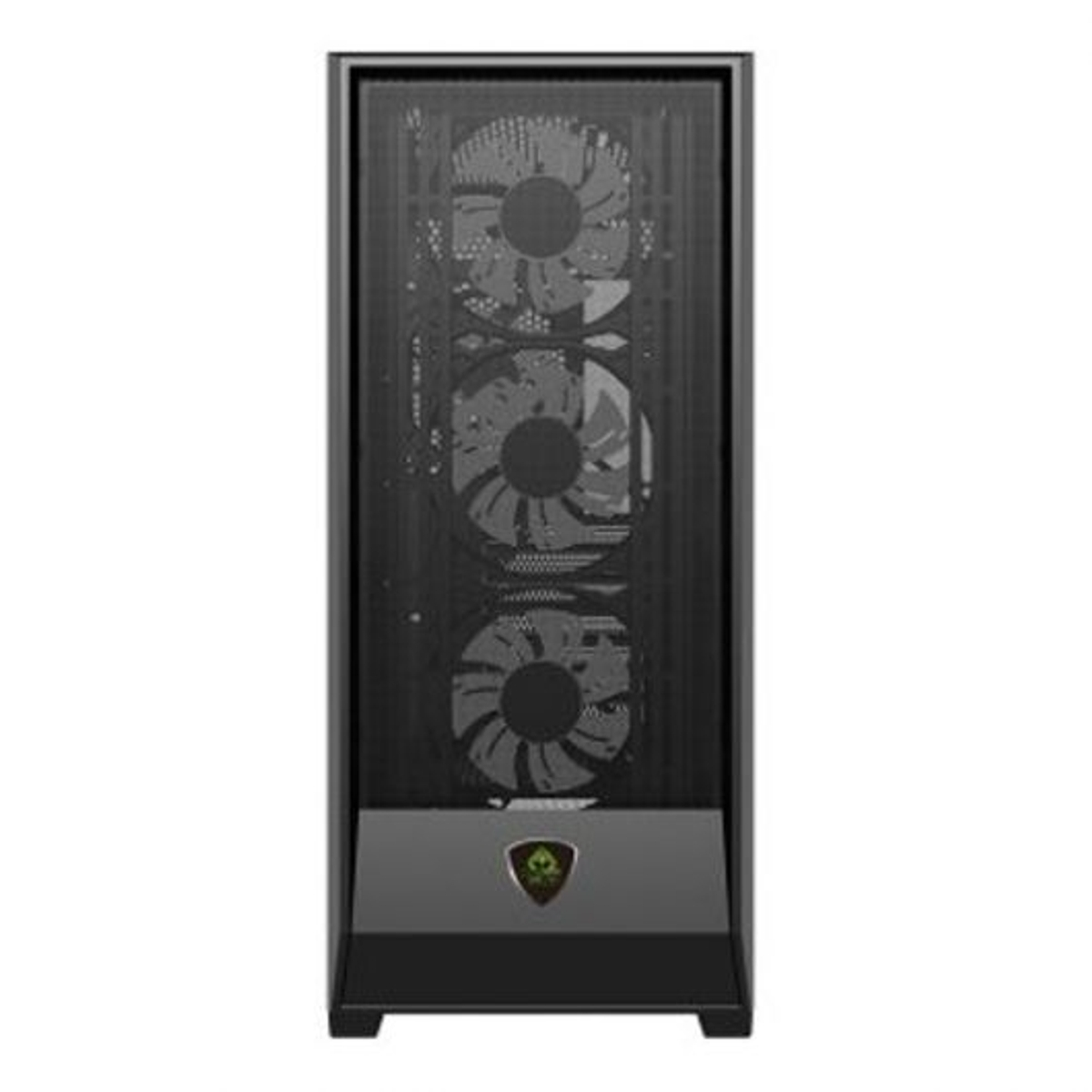 Case per computer nero con tre ventole visibili dietro una griglia a rete. Il case ha un logo in basso.