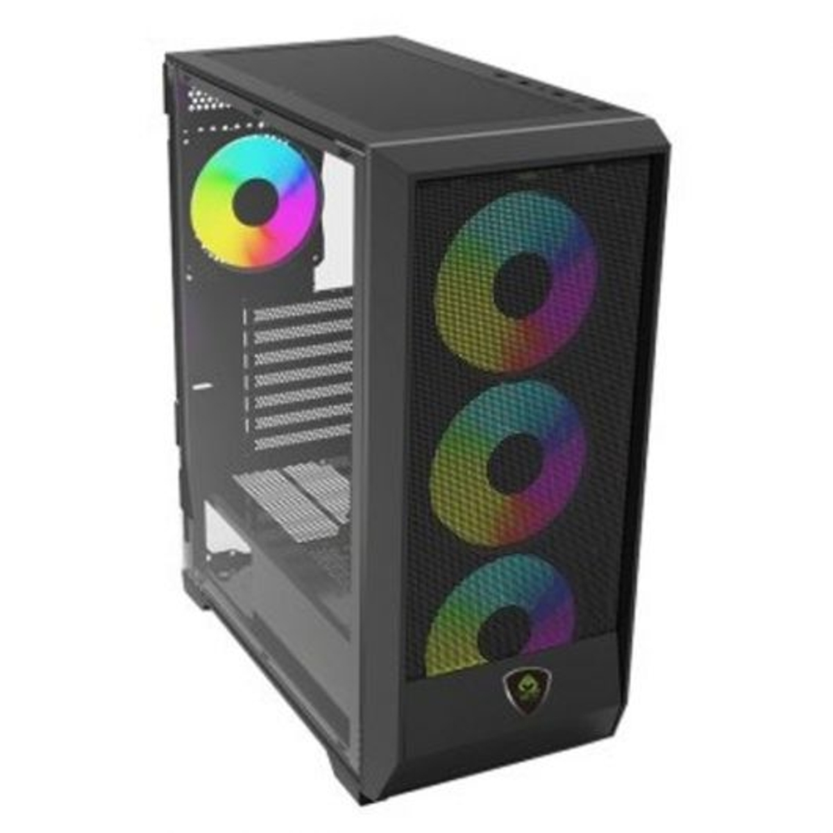 Un case per computer nero con un pannello laterale in vetro. Ha tre ventole RGB sul davanti e una sul lato.