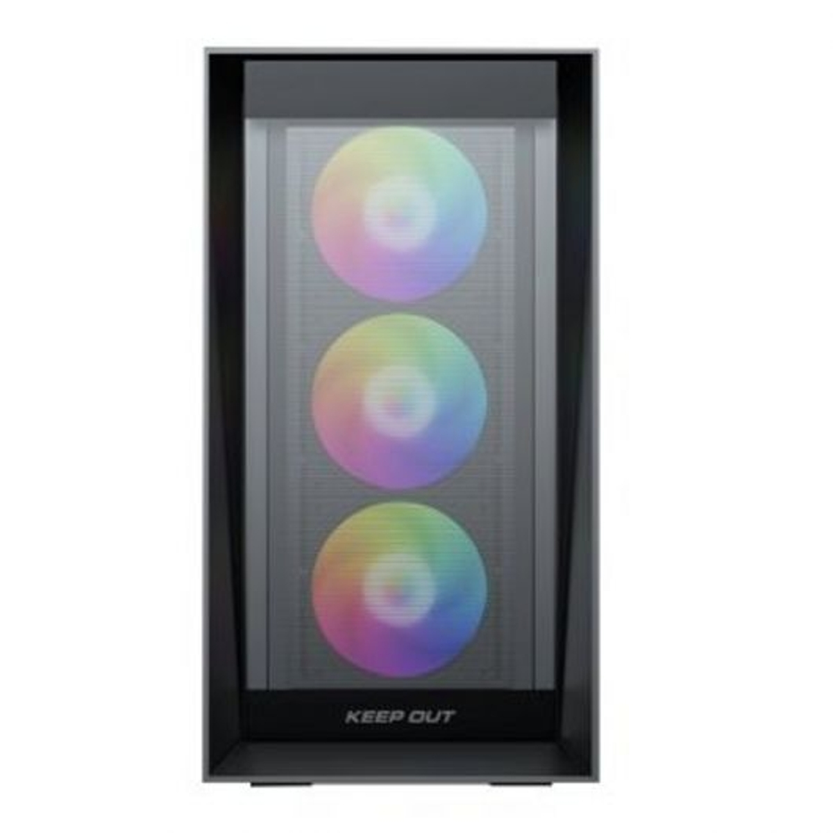 Un case per computer nero con frontale in vetro. Sono visibili tre ventole illuminate con colori arcobaleno. Il marchio "KEEP OUT" è in basso.