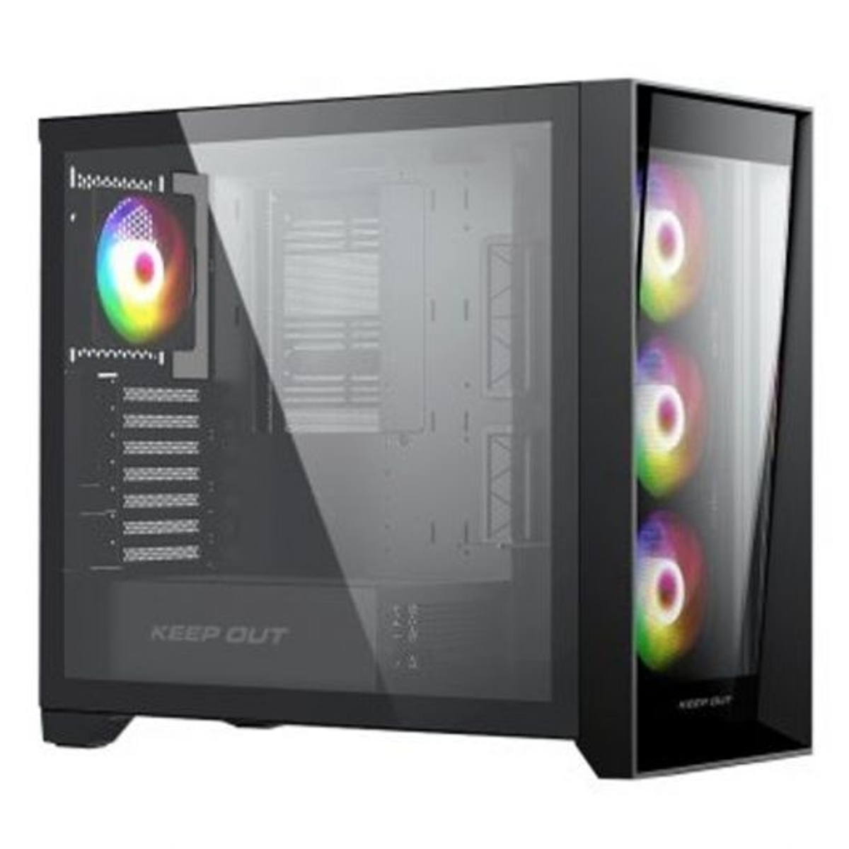 Un case per computer nero con pannelli di vetro. Ha ventole colorate e le parole 'KEEP OUT' sono visibili.
