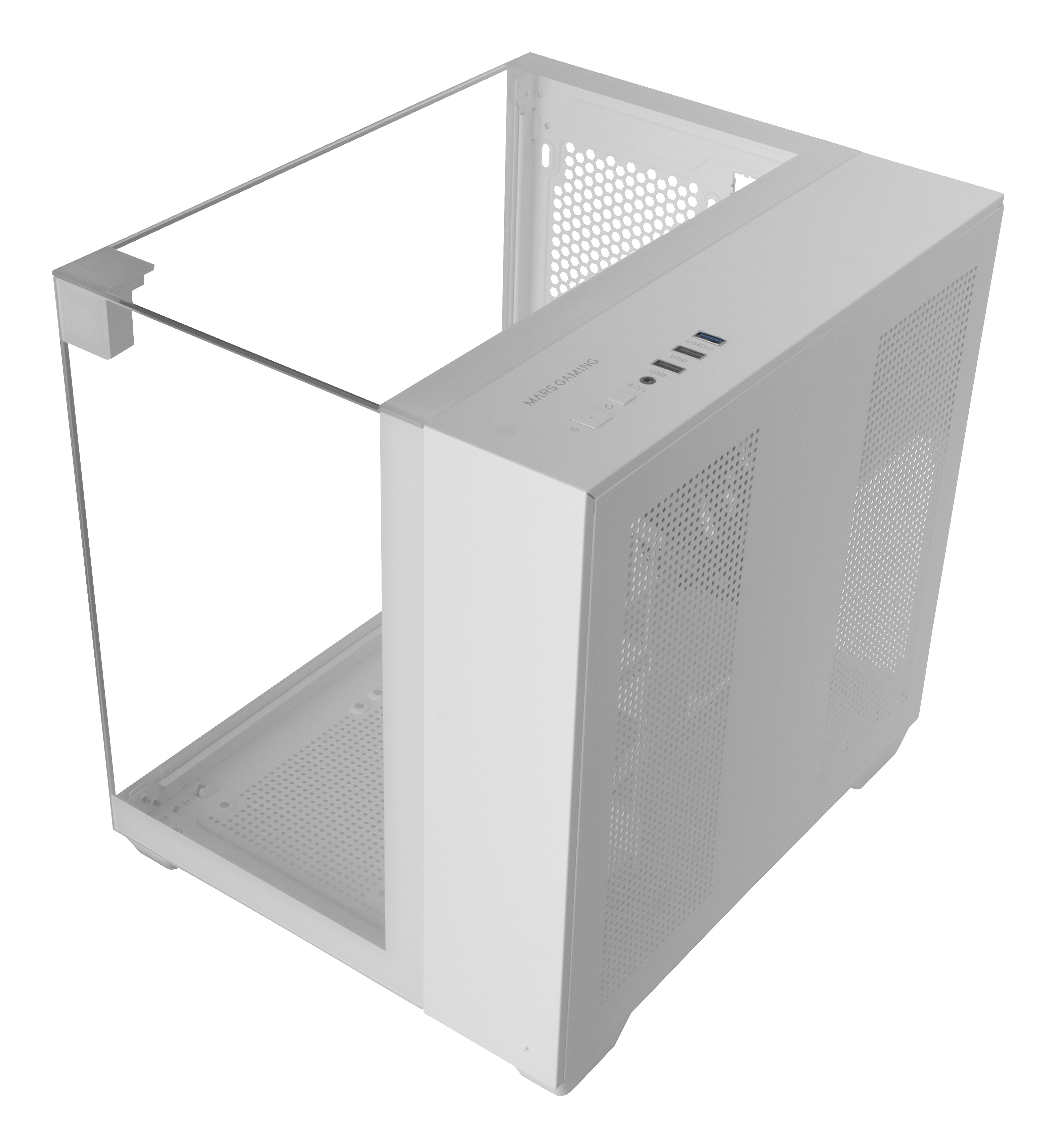Un case per computer bianco con un pannello laterale in vetro. Ha un pannello laterale perforato e il logo MARS GAMING.