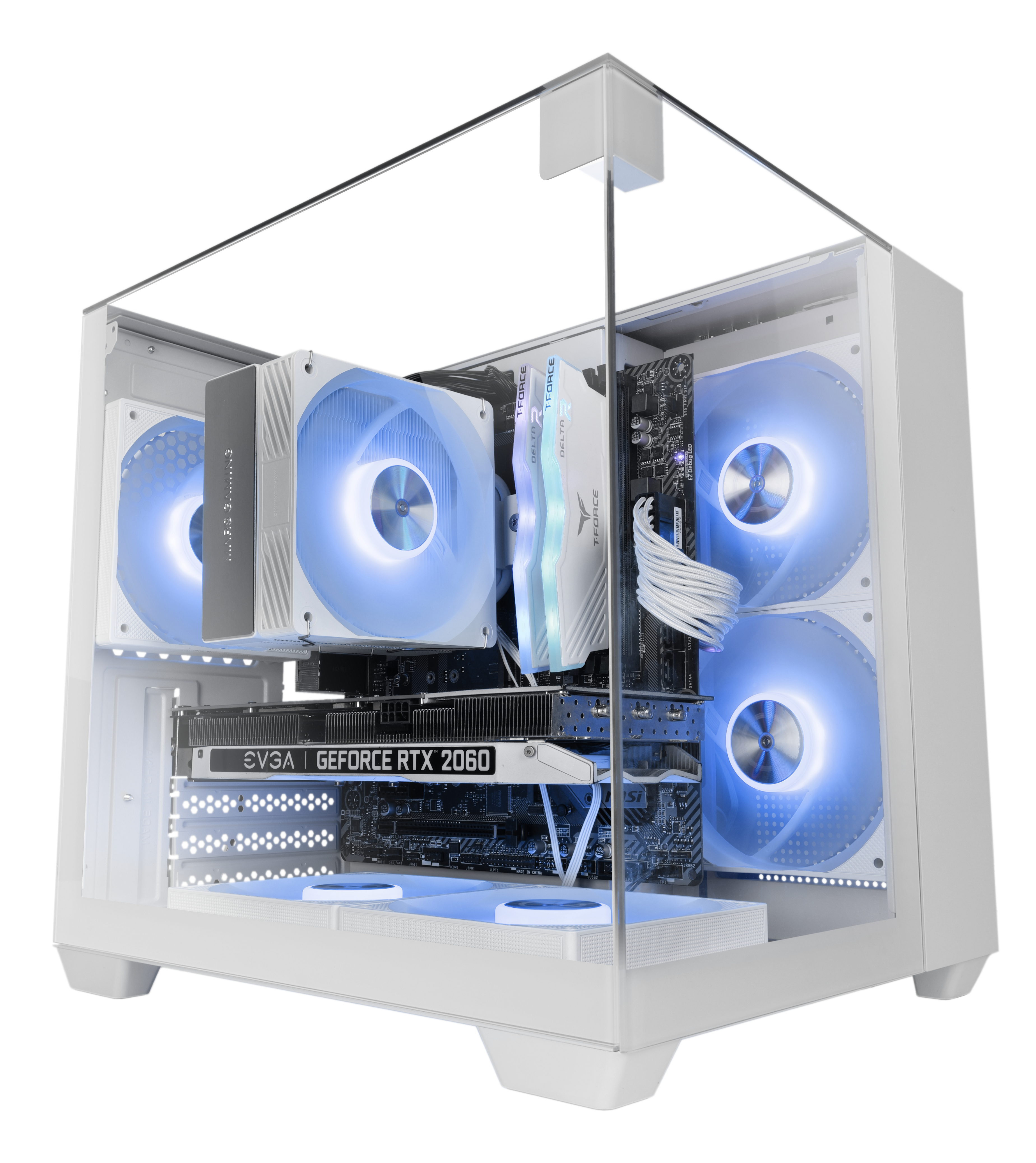 Case PC bianco con componenti: dissipatore CPU, GPU, RAM, ventole con luce blu e pannello laterale in vetro.