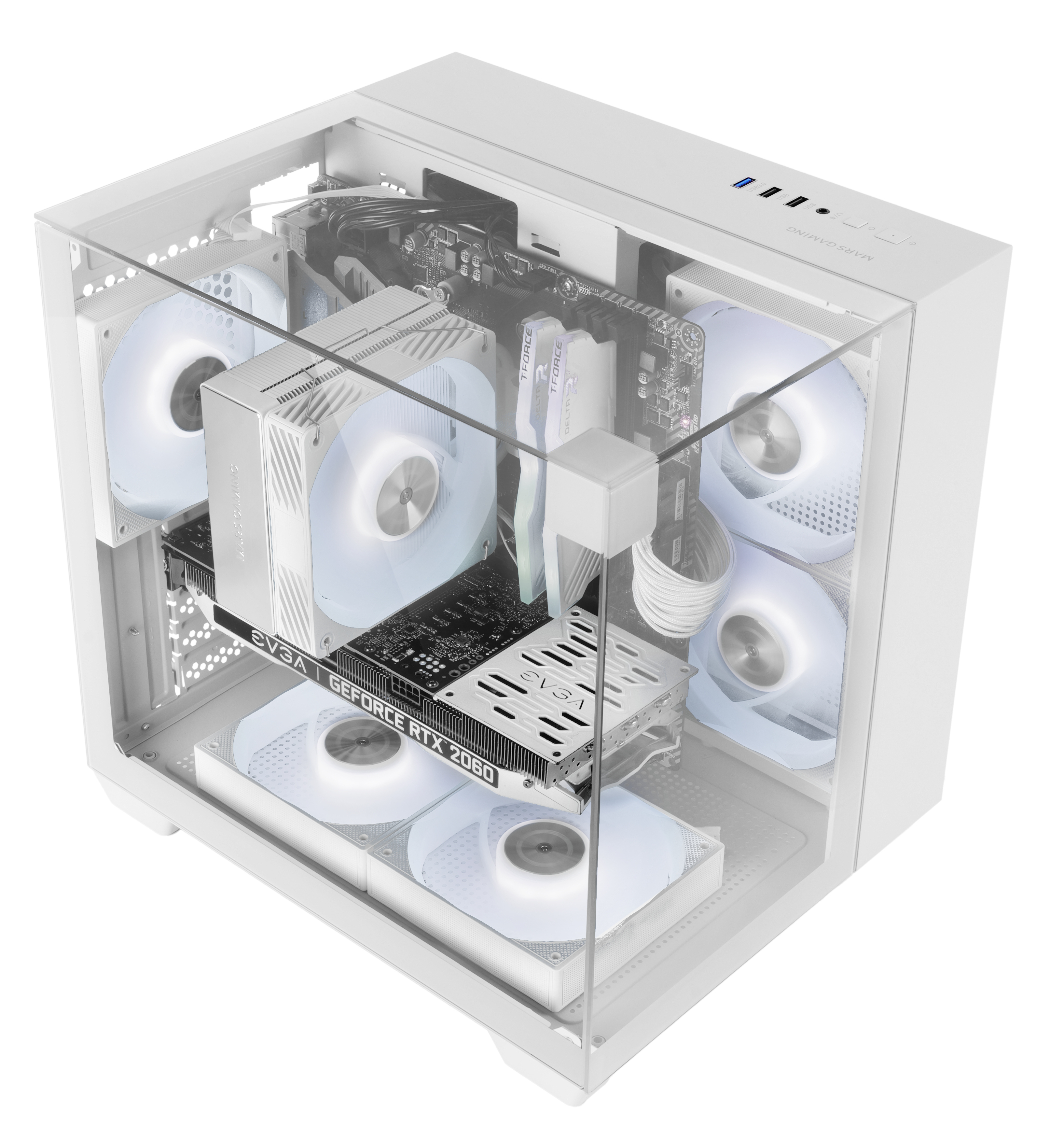 Un case per PC bianco con lato in vetro mostra componenti interni, tra cui ventole, scheda grafica e dissipatore CPU.