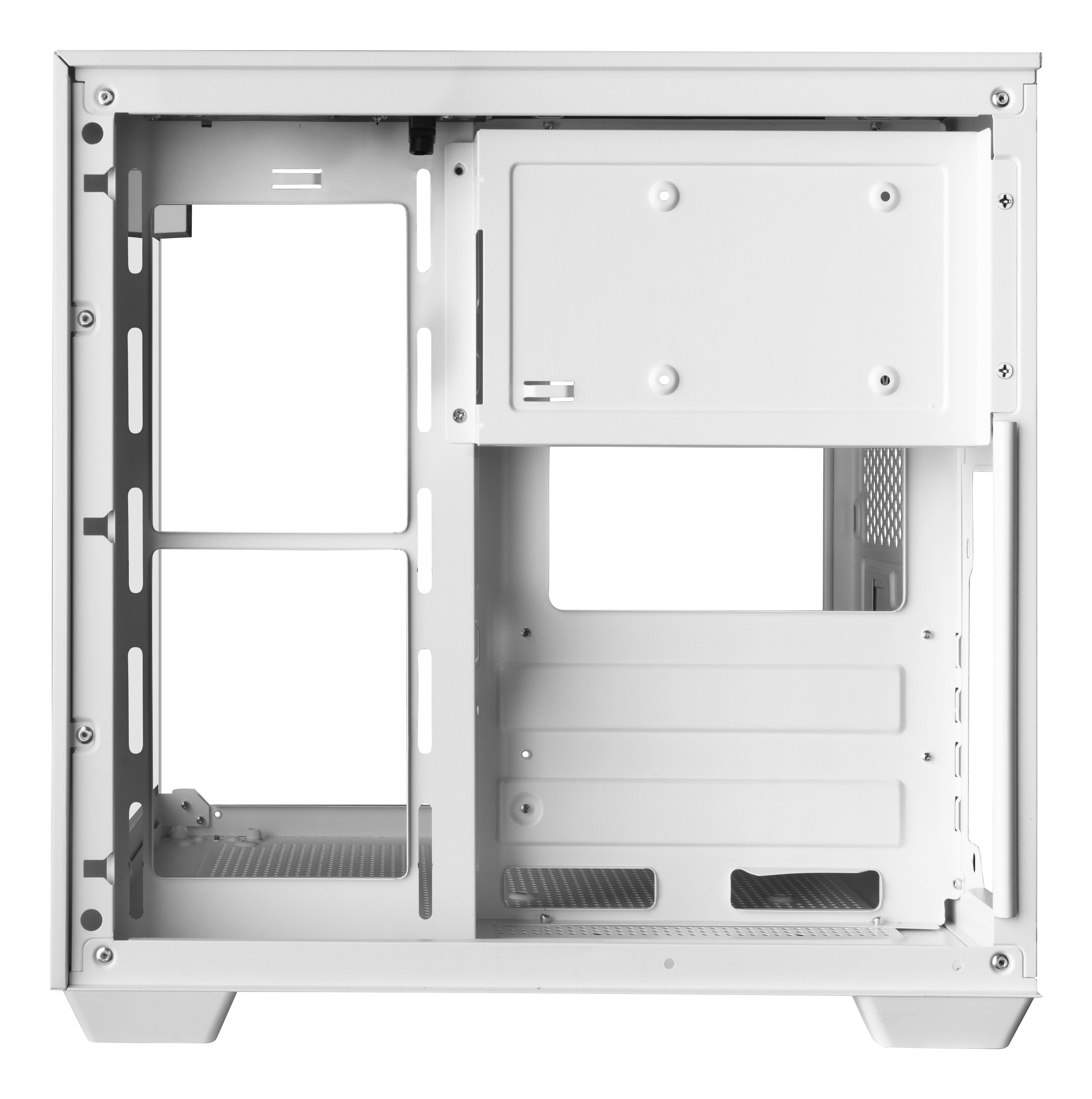 Interno di un case per computer bianco, che mostra il telaio, i punti di montaggio e gli spazi aperti per i componenti. È vuoto e pulito.