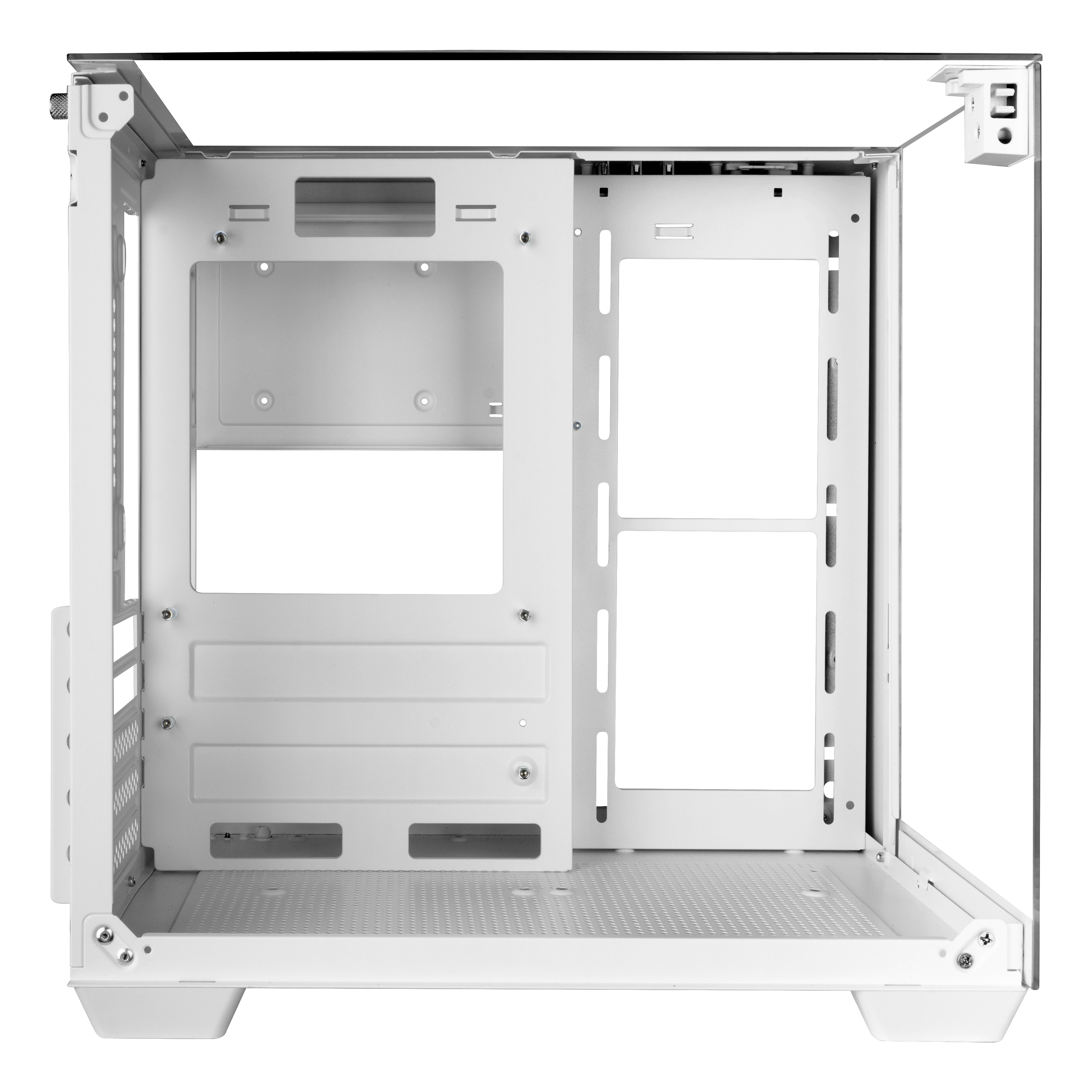 Un case per computer bianco con un pannello laterale trasparente. L'interno mostra scomparti e aree di montaggio.