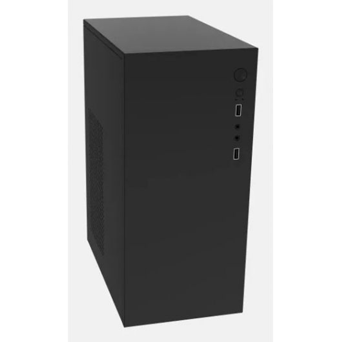 Viene mostrato un case per computer nero. Ha un pulsante di accensione, porte USB e una presa d'aria. Il case è rettangolare e in posizione verticale.