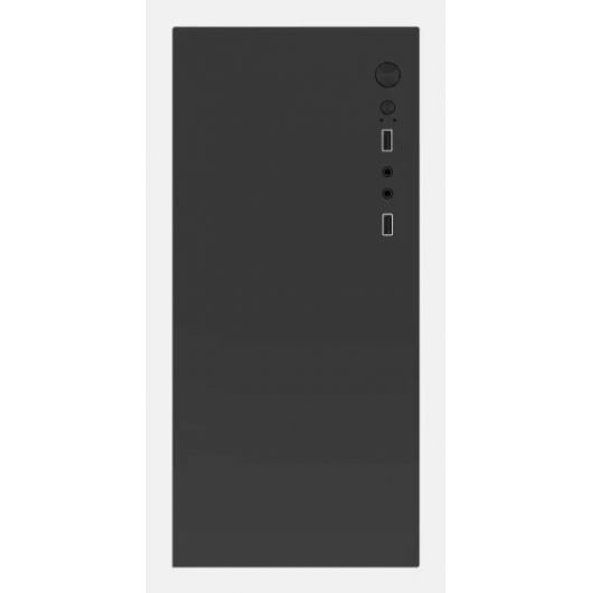 Un case per computer nero con porte di alimentazione e USB e pulsante di accensione in alto. È su sfondo bianco.