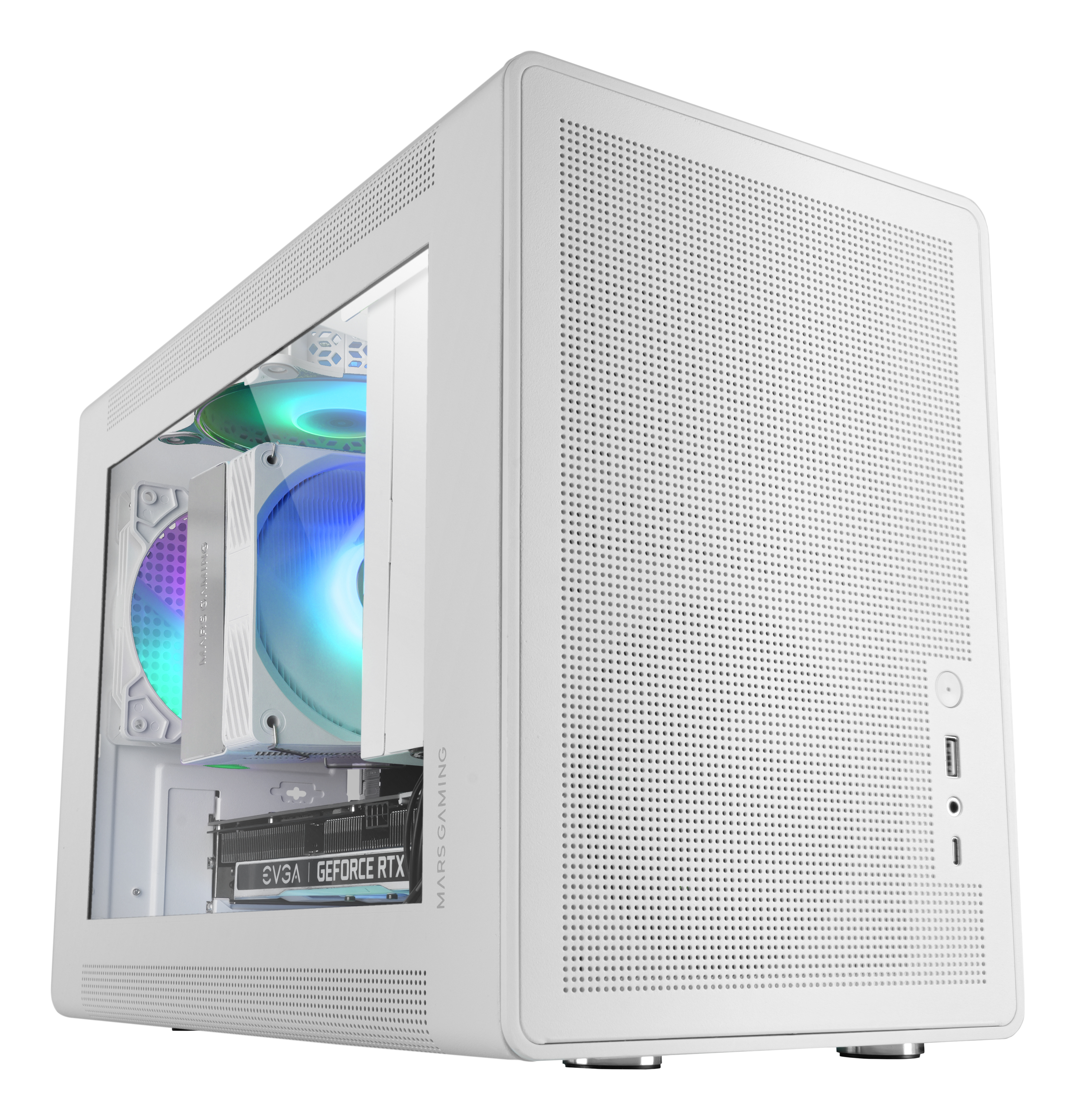 Case per computer bianco con lati perforati. Interno visibile, con ventole e scheda grafica.