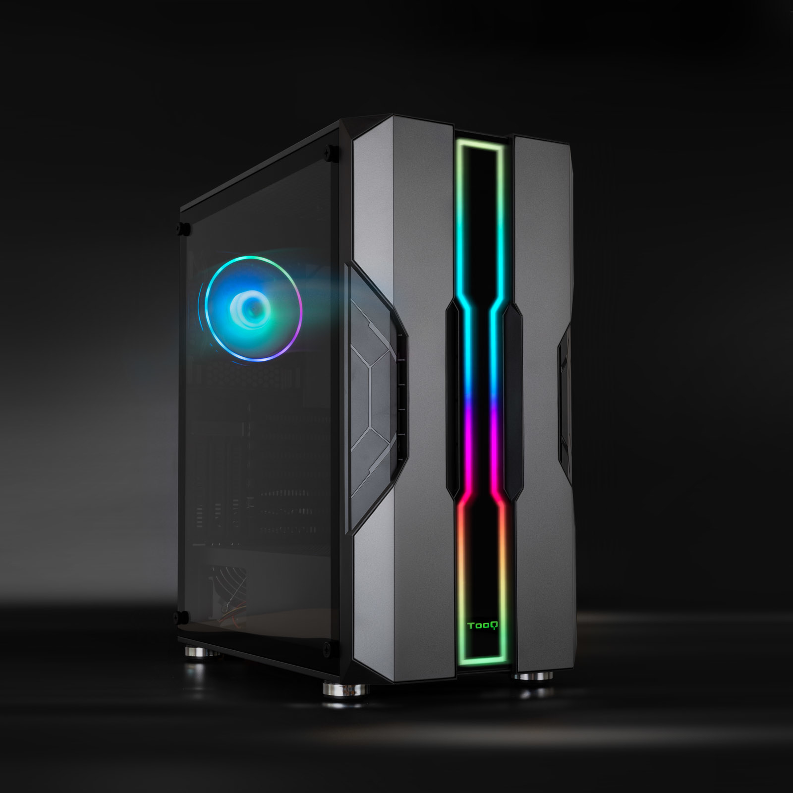Un case per computer con un lato in vetro e luci LED multicolore. L'involucro è grigio e nero, con un logo in basso.