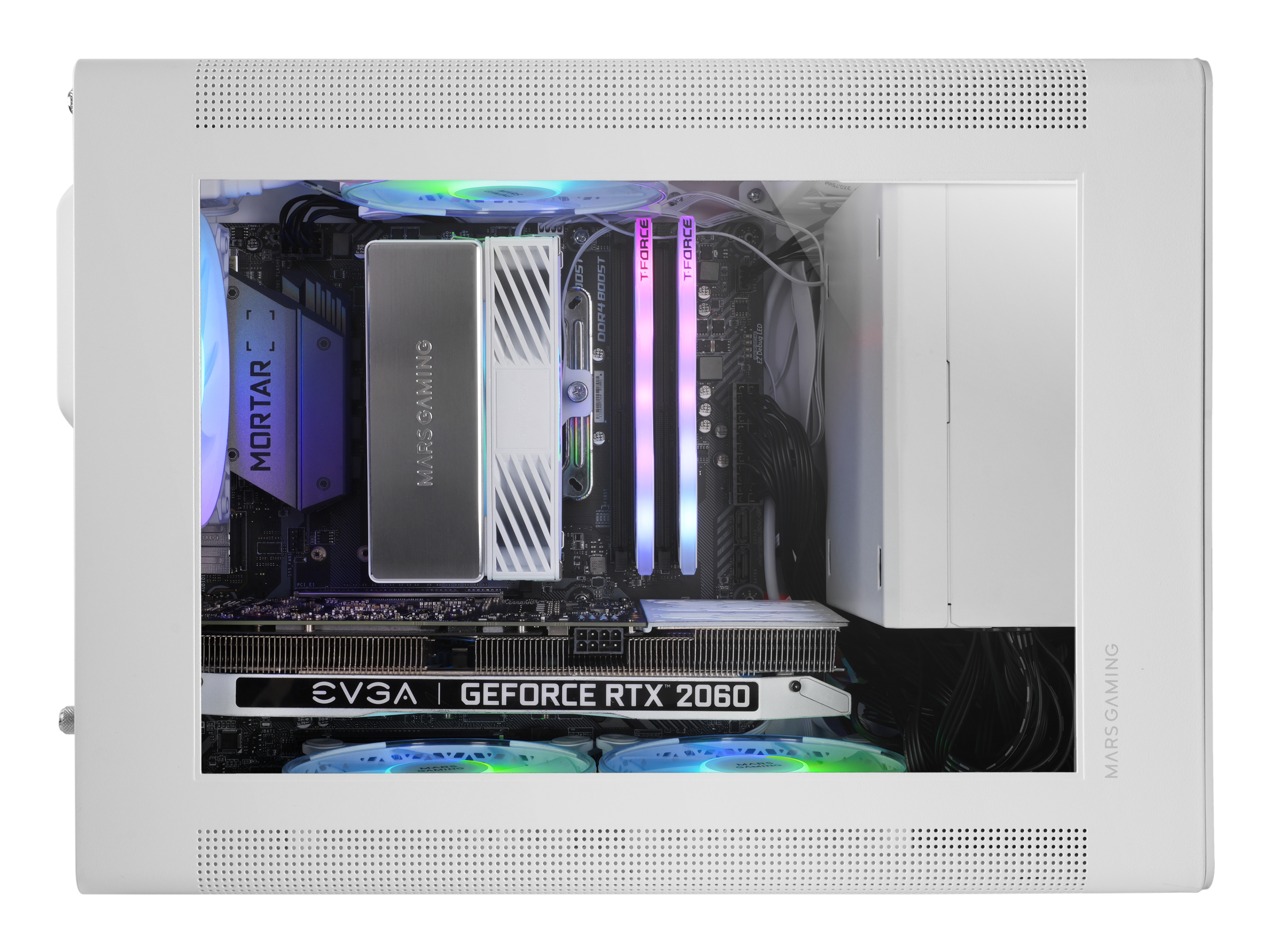 Case PC bianco con componenti visibili. Include una scheda grafica, moduli RAM e un dissipatore CPU.