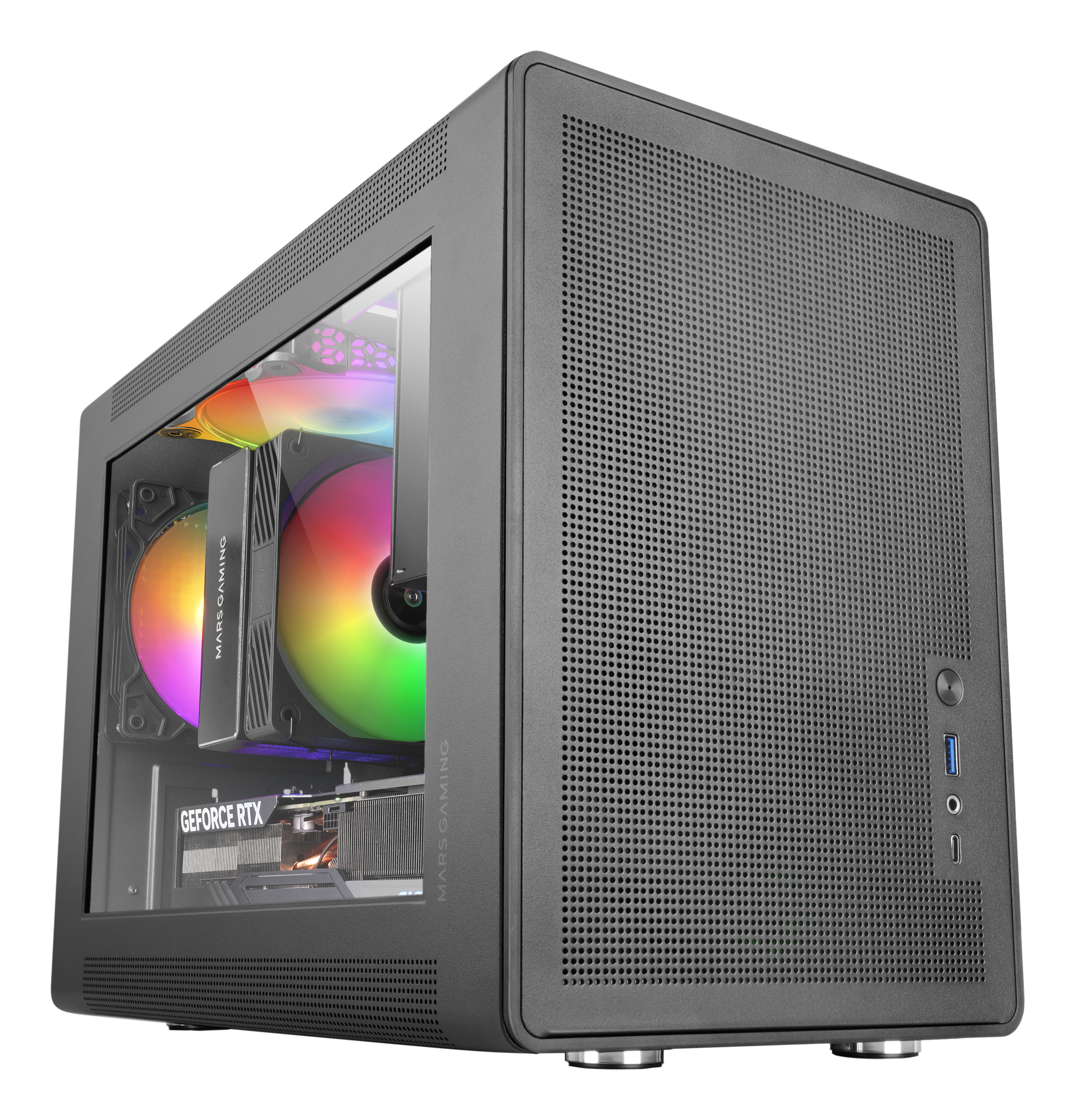 Un case per computer nero con pannello laterale in vetro, che mostra i componenti interni e le ventole colorate. Il case ha un pannello frontale perforato.